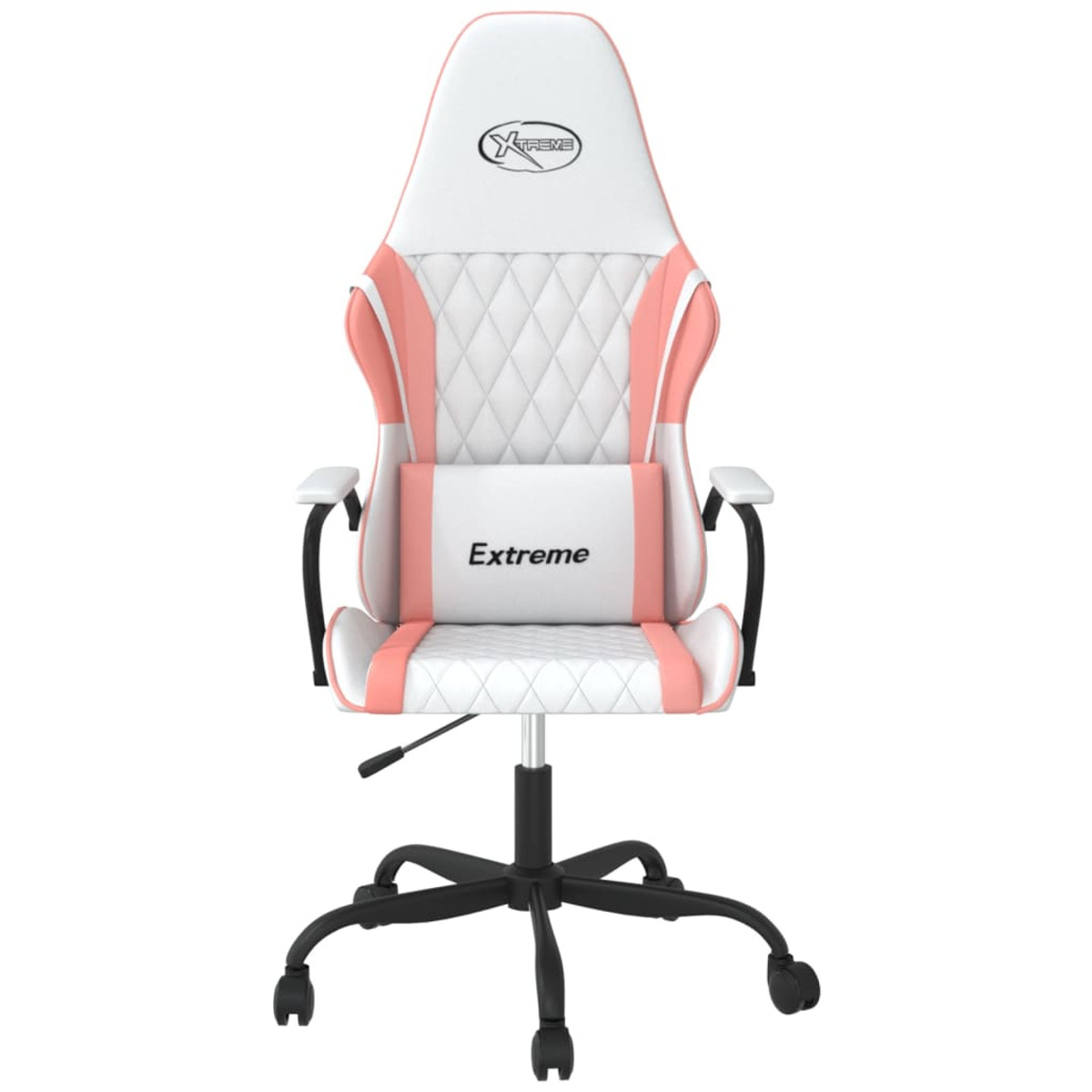 Rosa-weißer Gaming-Stuhl. Er hat eine Kopfstütze, Rückenstütze, Armlehnen und ein Fünf-Sterne-Gestell.