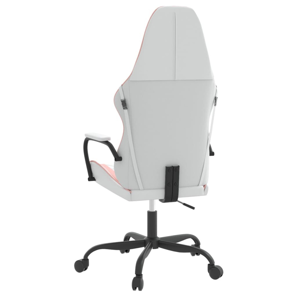 Rückansicht eines weiß-rosa Gaming-Stuhls mit schwarzen Rollen und Akzenten.