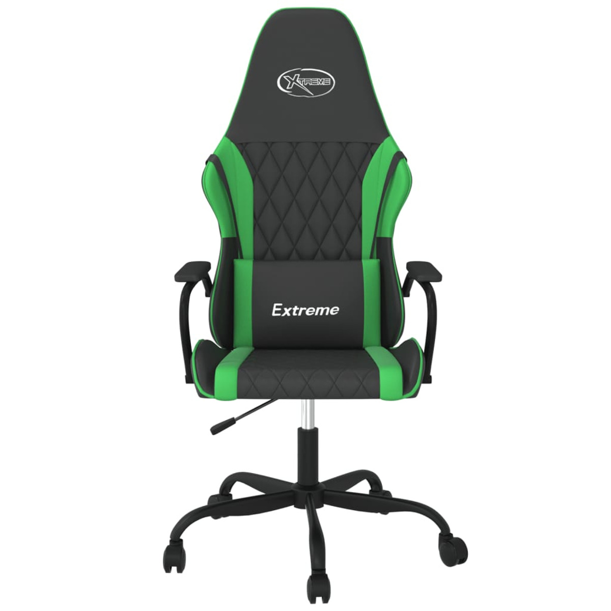 Schwarzer und grüner Gaming-Stuhl mit dem Wort "Extreme" auf der Rückenlehne.