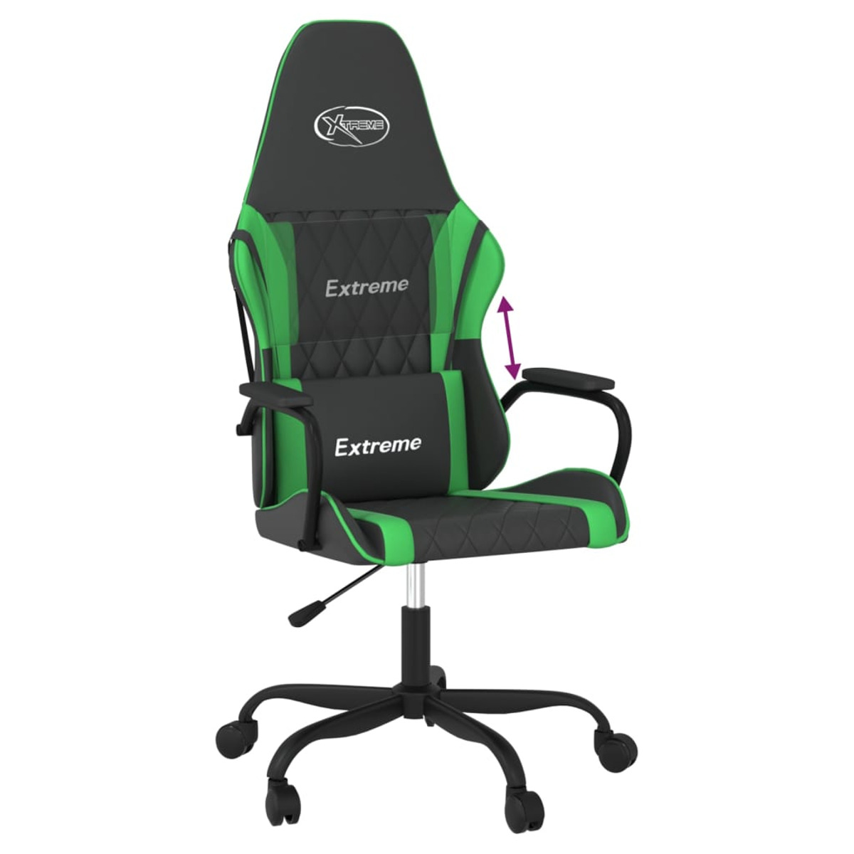 Gaming-Stuhl mit grünen und schwarzen Akzenten. Hat eine Kopfstütze, Lendenwirbelstütze, Armlehnen und eine schwarze Basis mit Rollen.