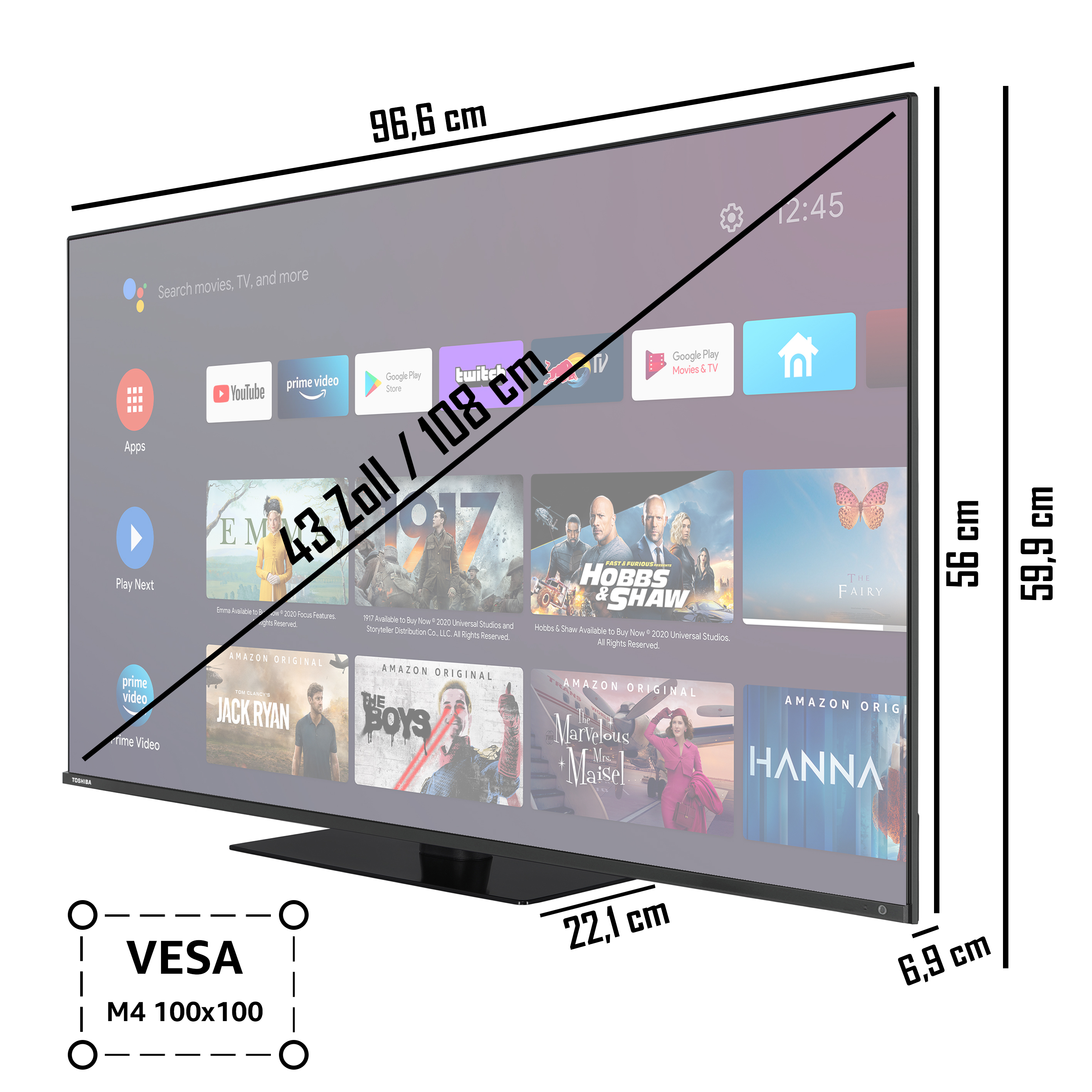 43QA7D63DG TV) / 43 Zoll 108 UHD SMART (Flat, 4K, TOSHIBA TV cm, QLED