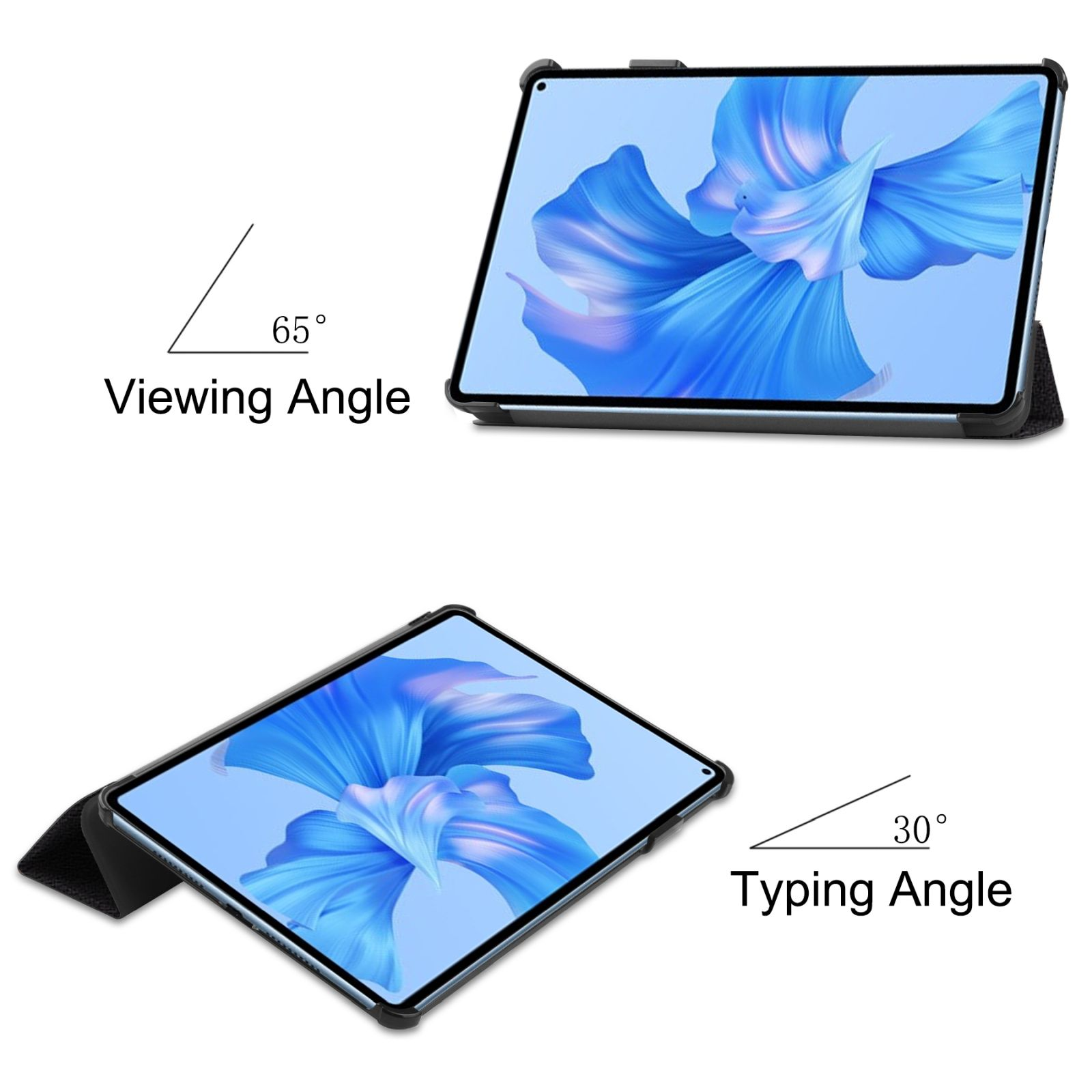 Tablet mit blauem Bildschirm. Draufsicht bei 65° Betrachtungswinkel. Seitenansicht bei 30° Schreibwinkel. Schwarzer Rahmen.