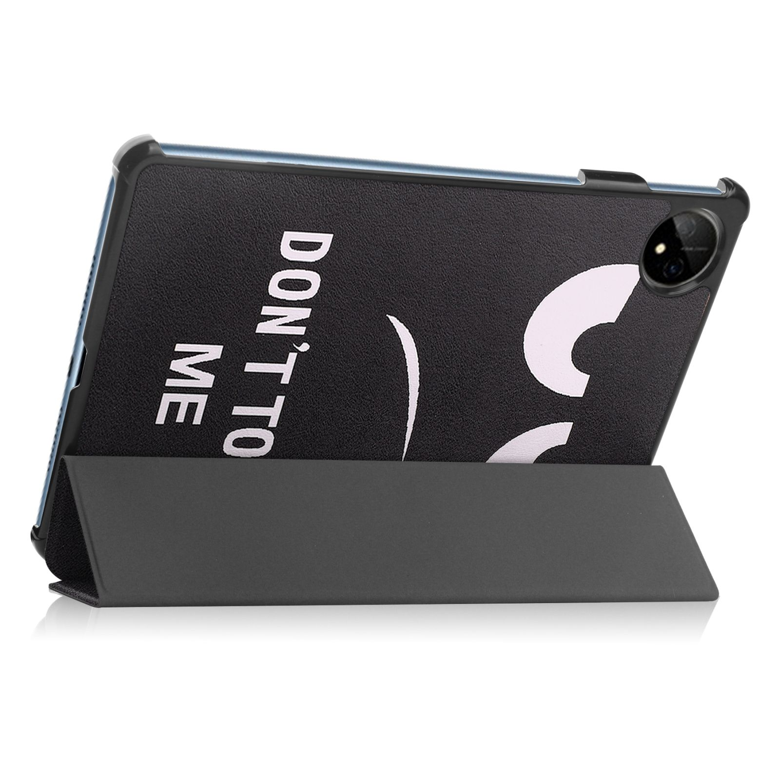Schwarze Tablet-Hülle mit den Worten 'DON'T TOUCH ME' und einem weißen Smiley-Gesicht darauf.