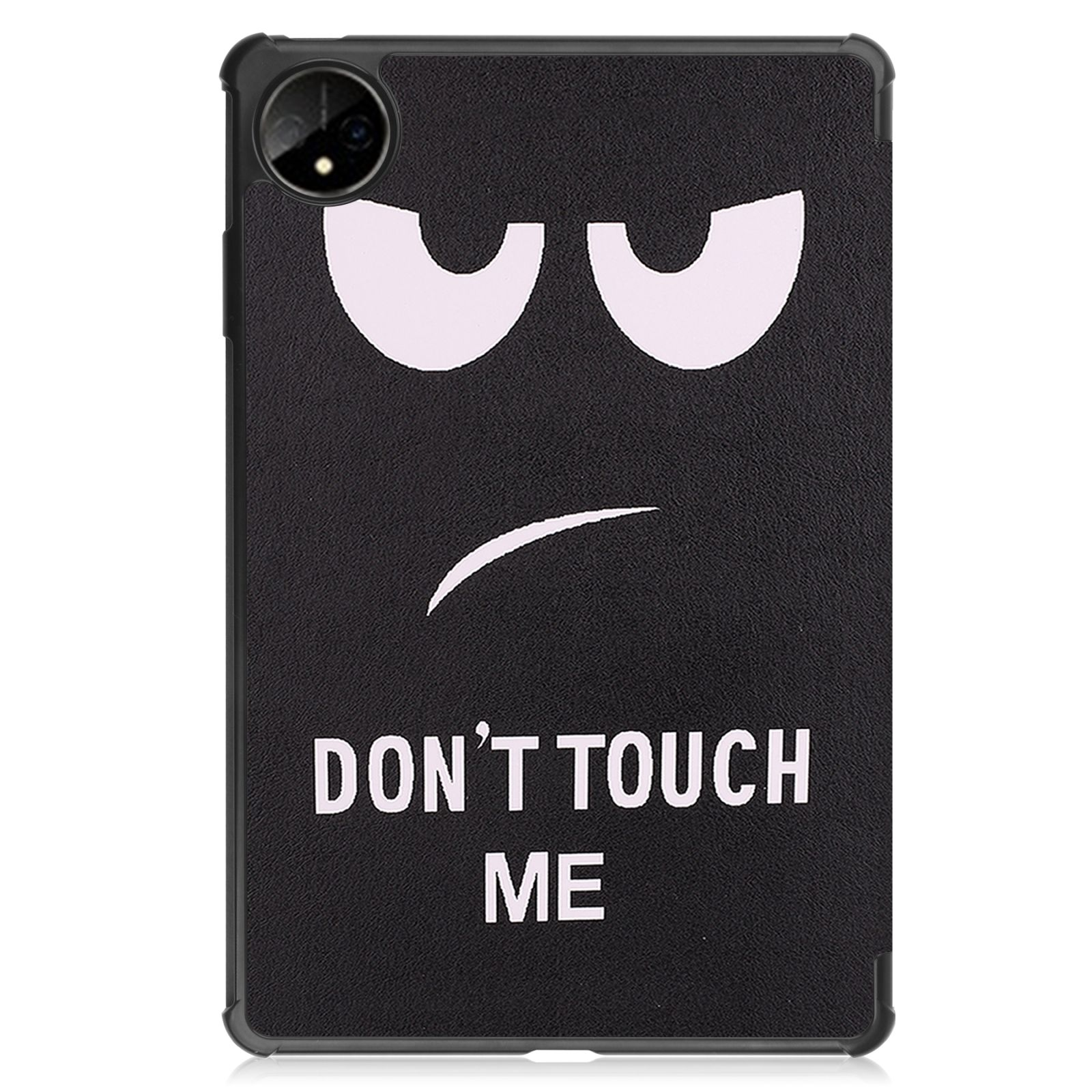 Schwarzer Tablet-Bildschirm zeigt ein Gesicht mit dem Text 'DON'T TOUCH ME'.