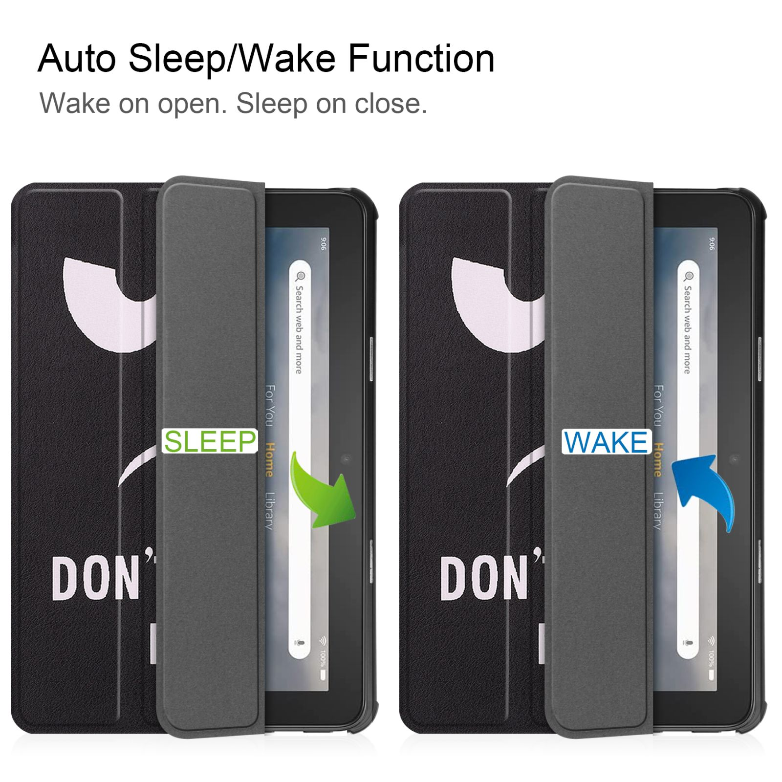 Schwarze Tablet-Hülle mit Auto-Sleep/Wake-Funktion, zeigt Öffnen/Schließen.