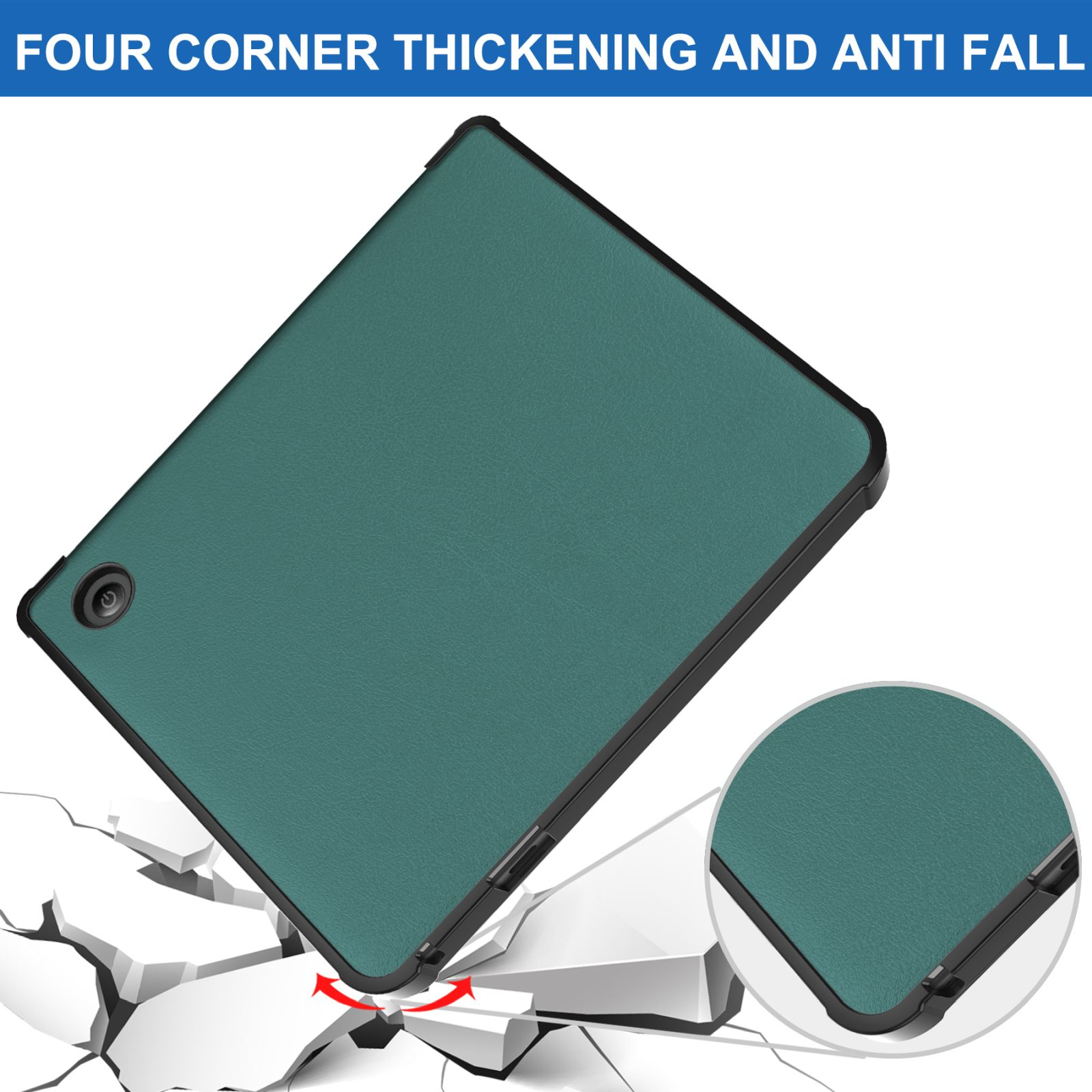 Tablet-Hülle mit teal-farbener Rückseite und schwarzen Rändern. Text: Vier Eckverdickung und Sturzschutz.