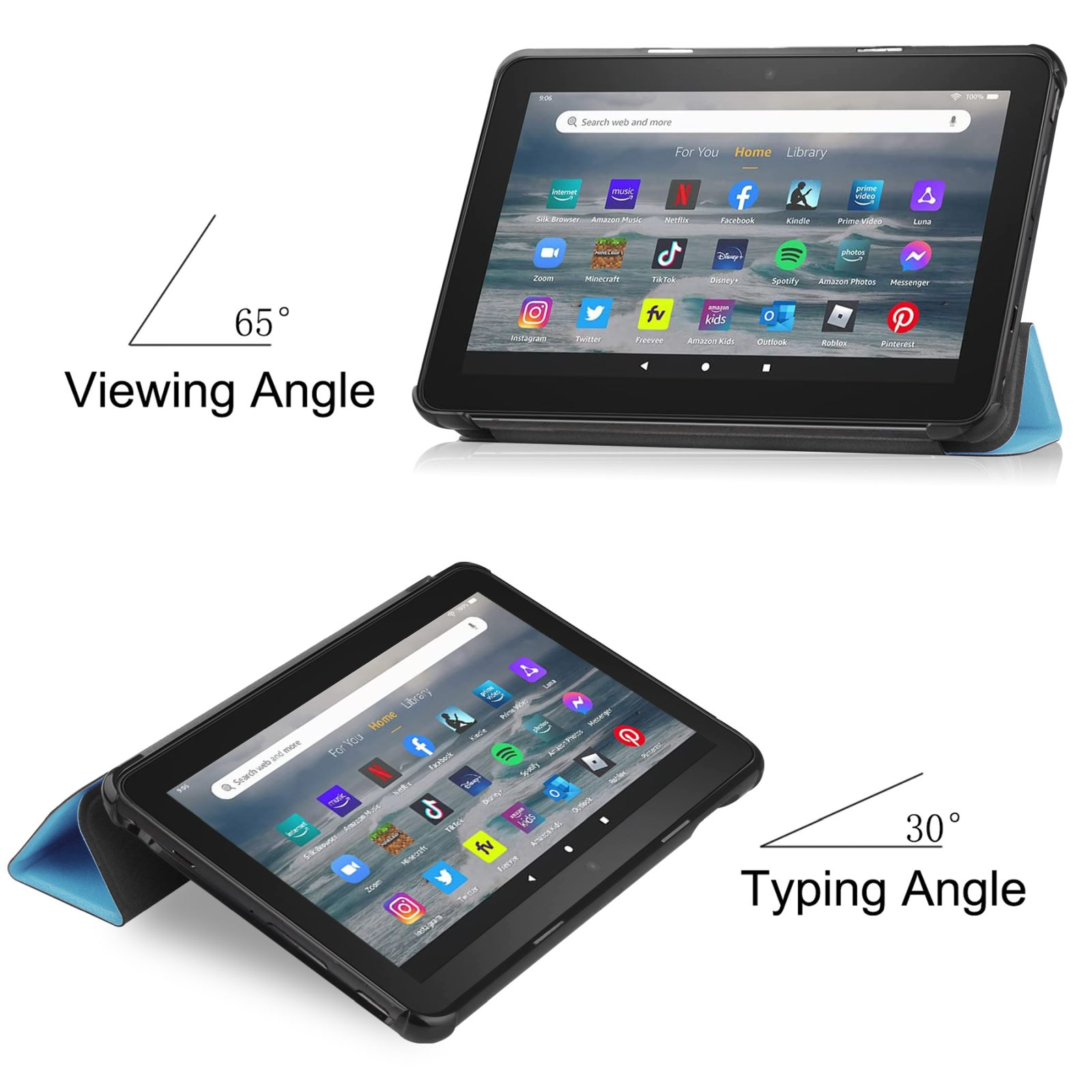 Ein Tablet in einem Gehäuse. Das Gehäuse ermöglicht verschiedene Betrachtungs- und Tippwinkel. Der Bildschirm ist an.