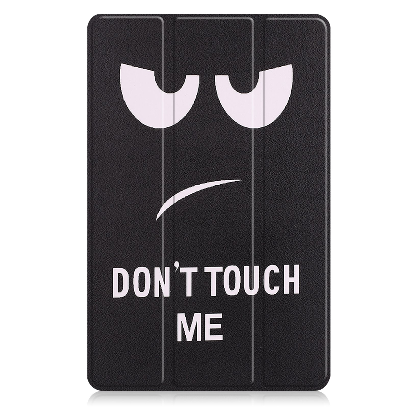 Schwarze Tablet-Hülle mit weißem Gesicht, das sagt: "DON'T TOUCH ME". Das Gesicht hat Augen.