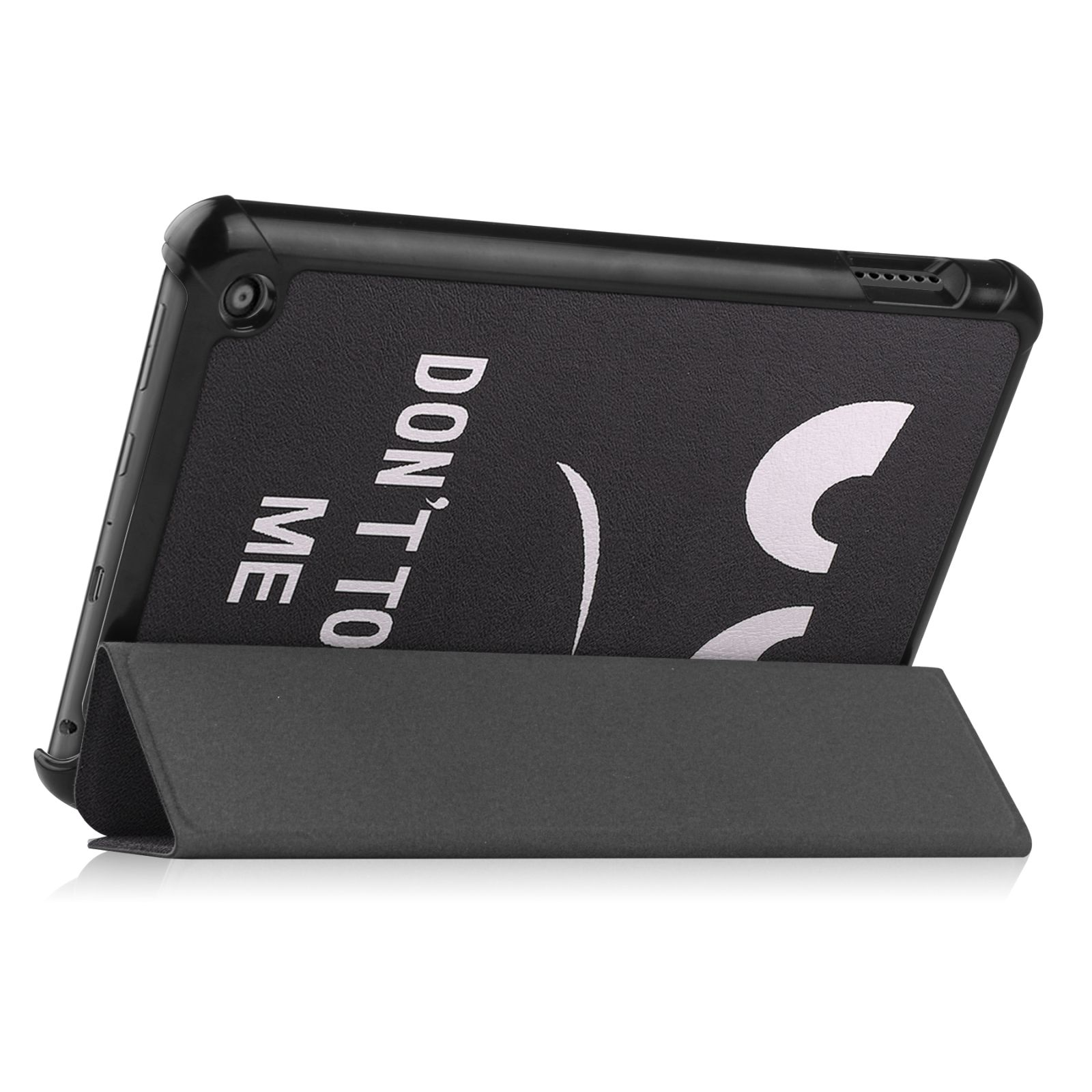 Tablet-Hülle geschlossen, Rückseite mit den Worten 'DON'T TOUCH ME' und einem Smiley.