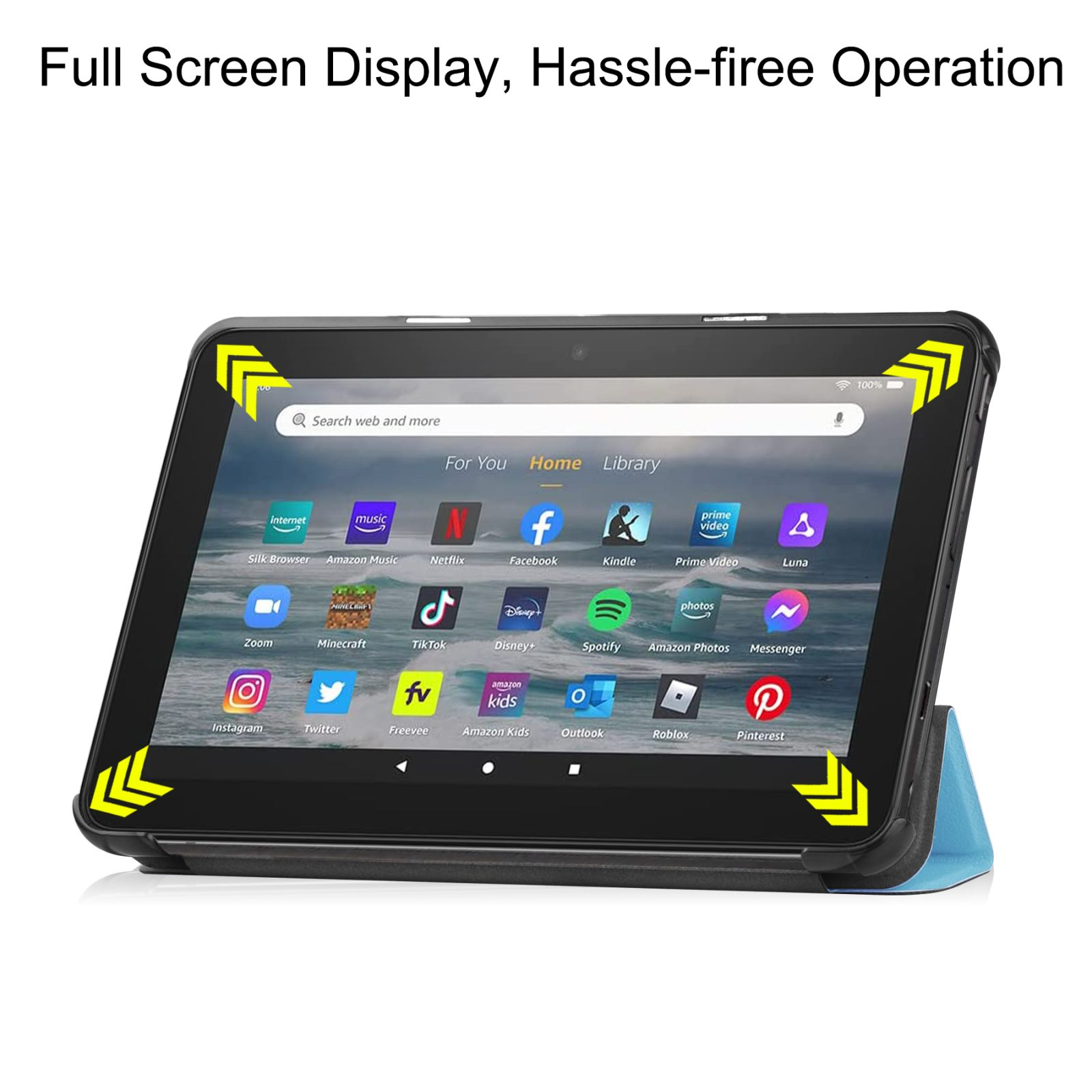 Schwarzes Tablet mit Bildschirm, der App-Symbole anzeigt. Es befindet sich in einer Schutzhülle.