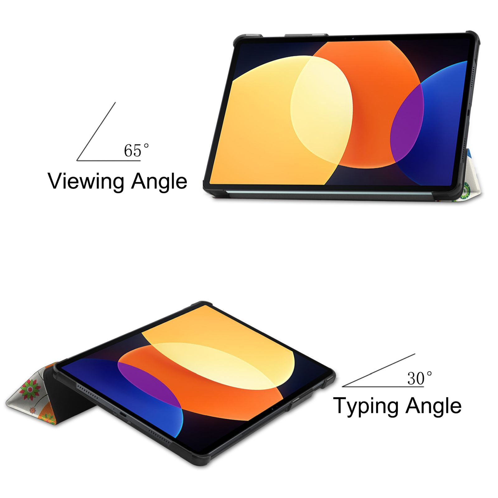 Ein Tablet in einer Hülle, das einen Betrachtungswinkel von 65 Grad und einen Schreibwinkel von 30 Grad zeigt.