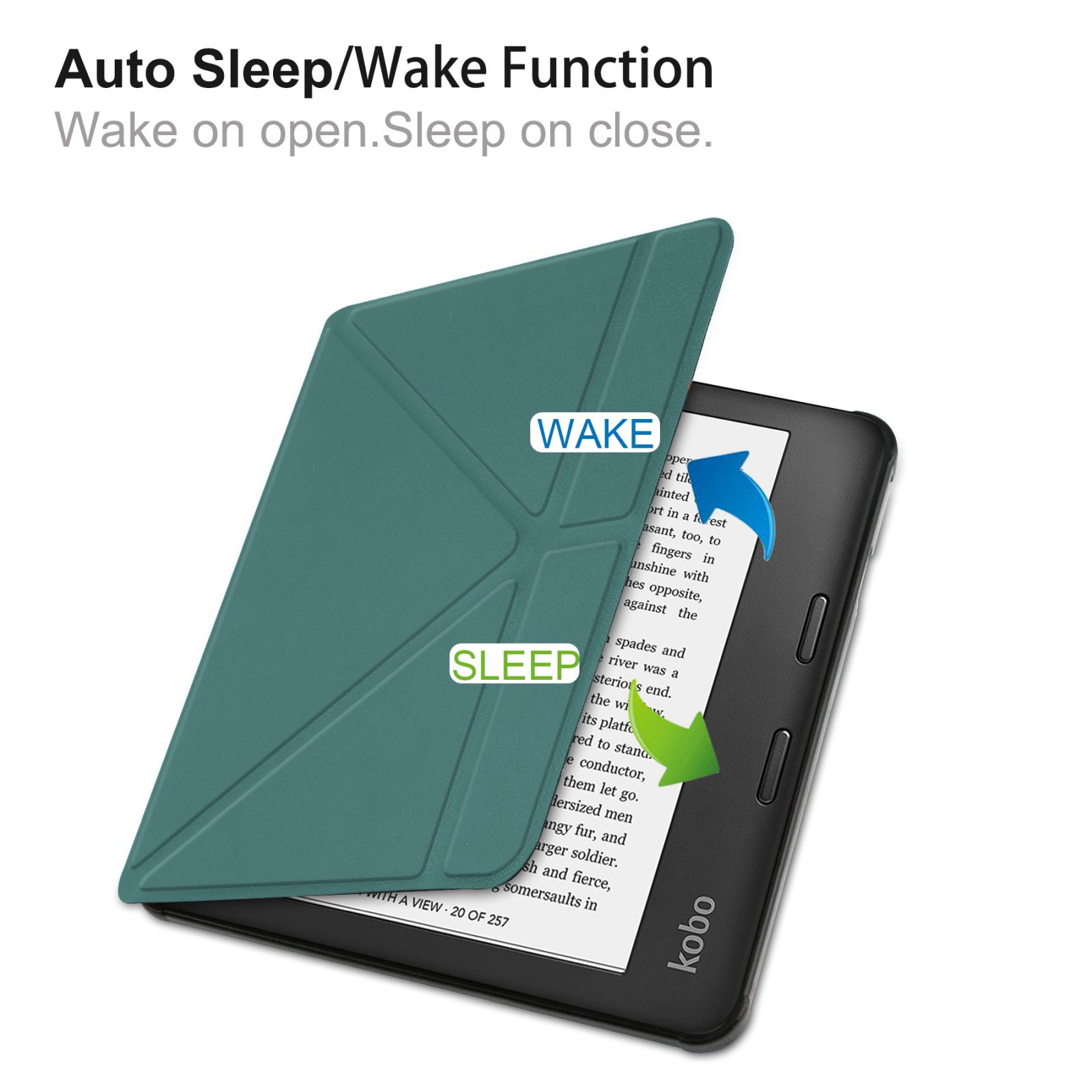 E-Reader mit Hülle, die offene und geschlossene Zustände mit Wake- und Sleep-Funktionen zeigt.