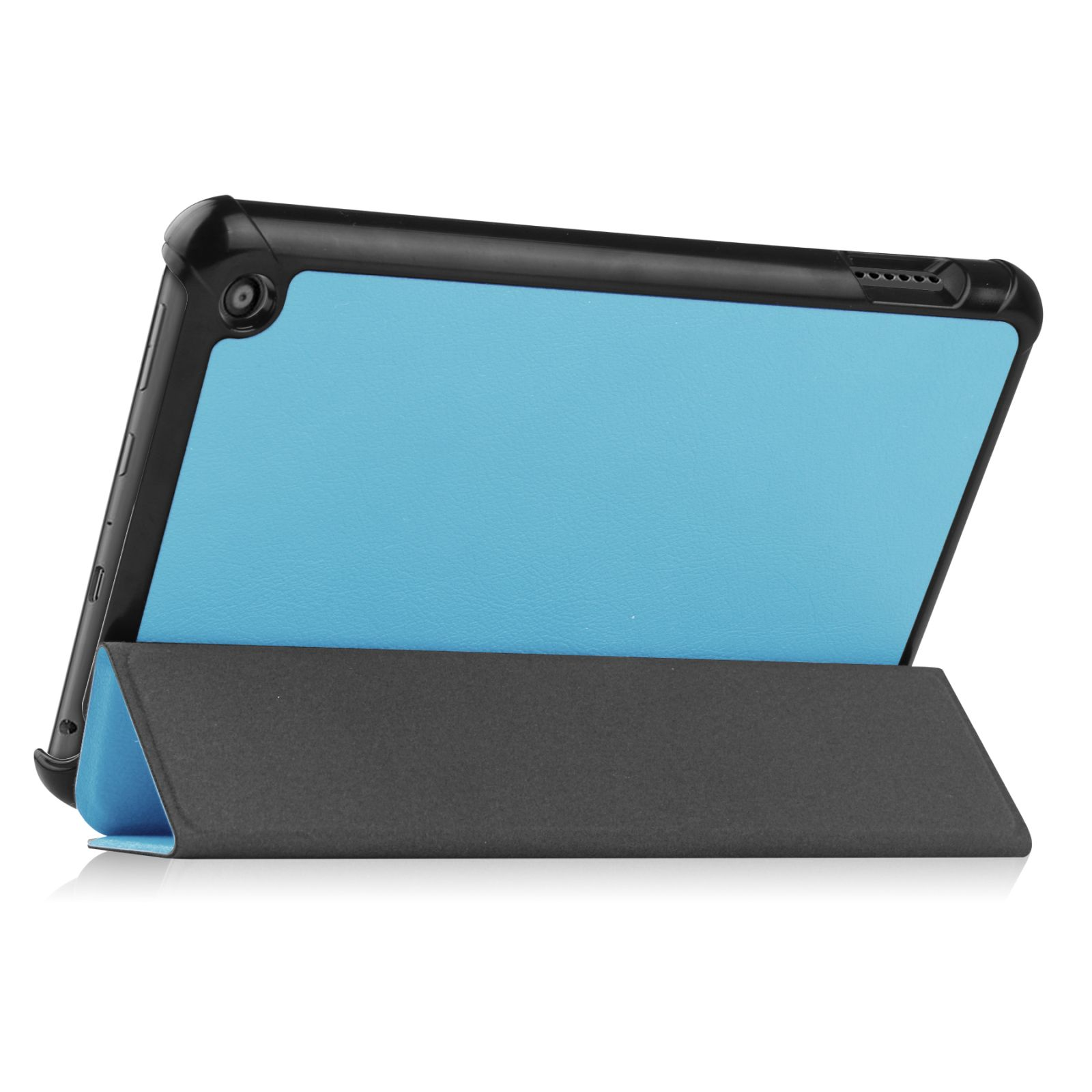 Tablet in einer Hülle, blaue Vorder- und schwarze Rückseite, zu einem Ständer gefaltet.