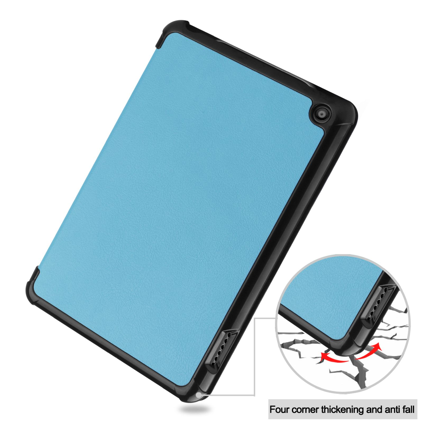 Blaue Tablethülle mit schwarzem Rand. Die Hülle hat eine Kamera und Eckschutz.