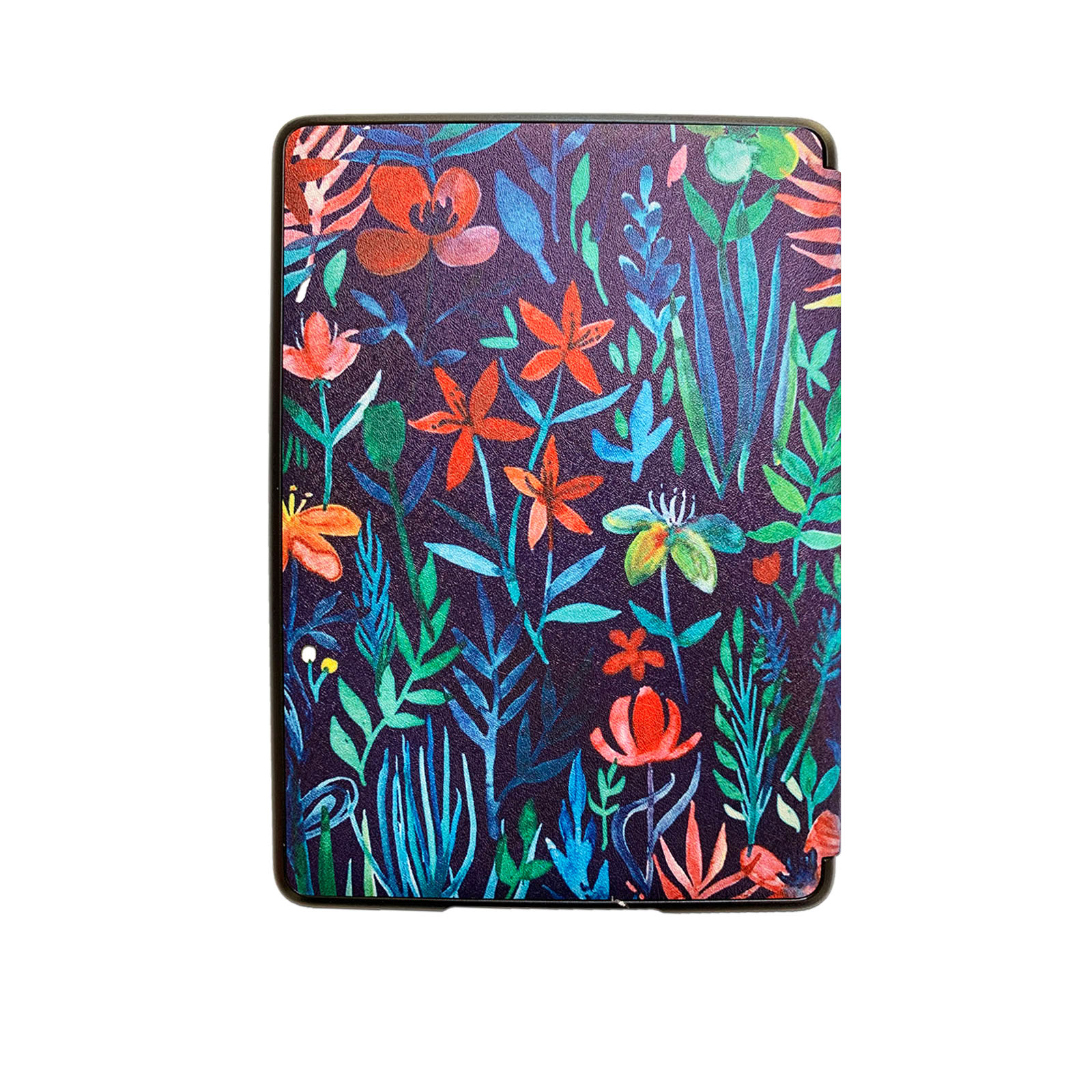 Tablethülle mit floralem Design. Das Muster zeigt verschiedene Blumen und Blätter.