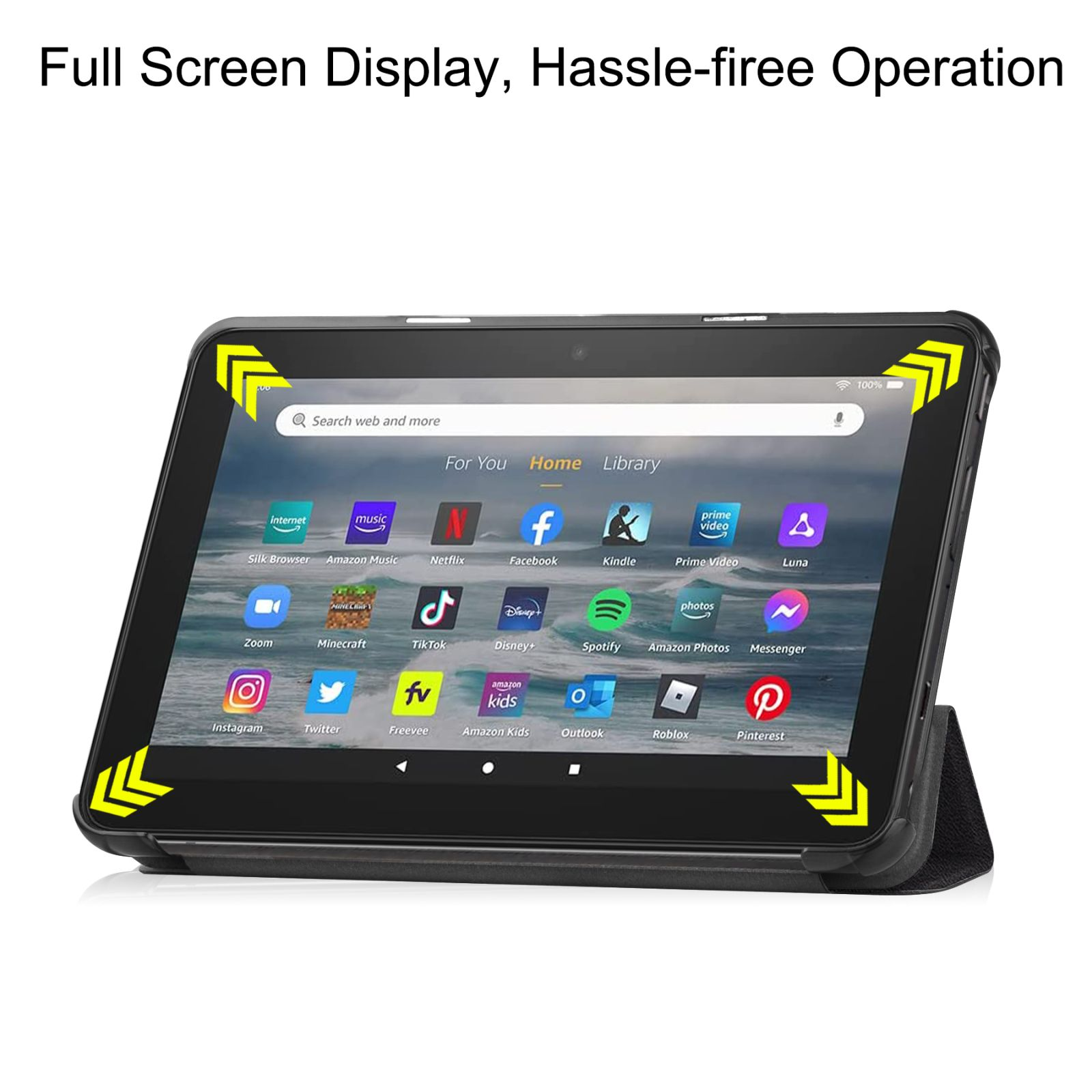Tablet in schwarzer Hülle. Der Bildschirm zeigt App-Symbole. Gelbe Pfeile umrahmen den Bildschirm.