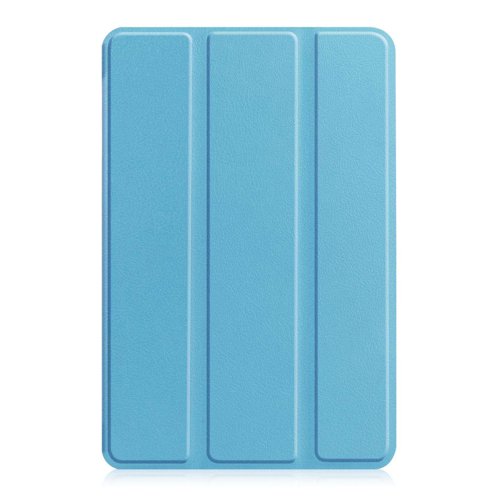 Blaue Tablet-Hülle, geschlossen. Die Hülle hat drei vertikale, erhabene Linien auf der Oberfläche.