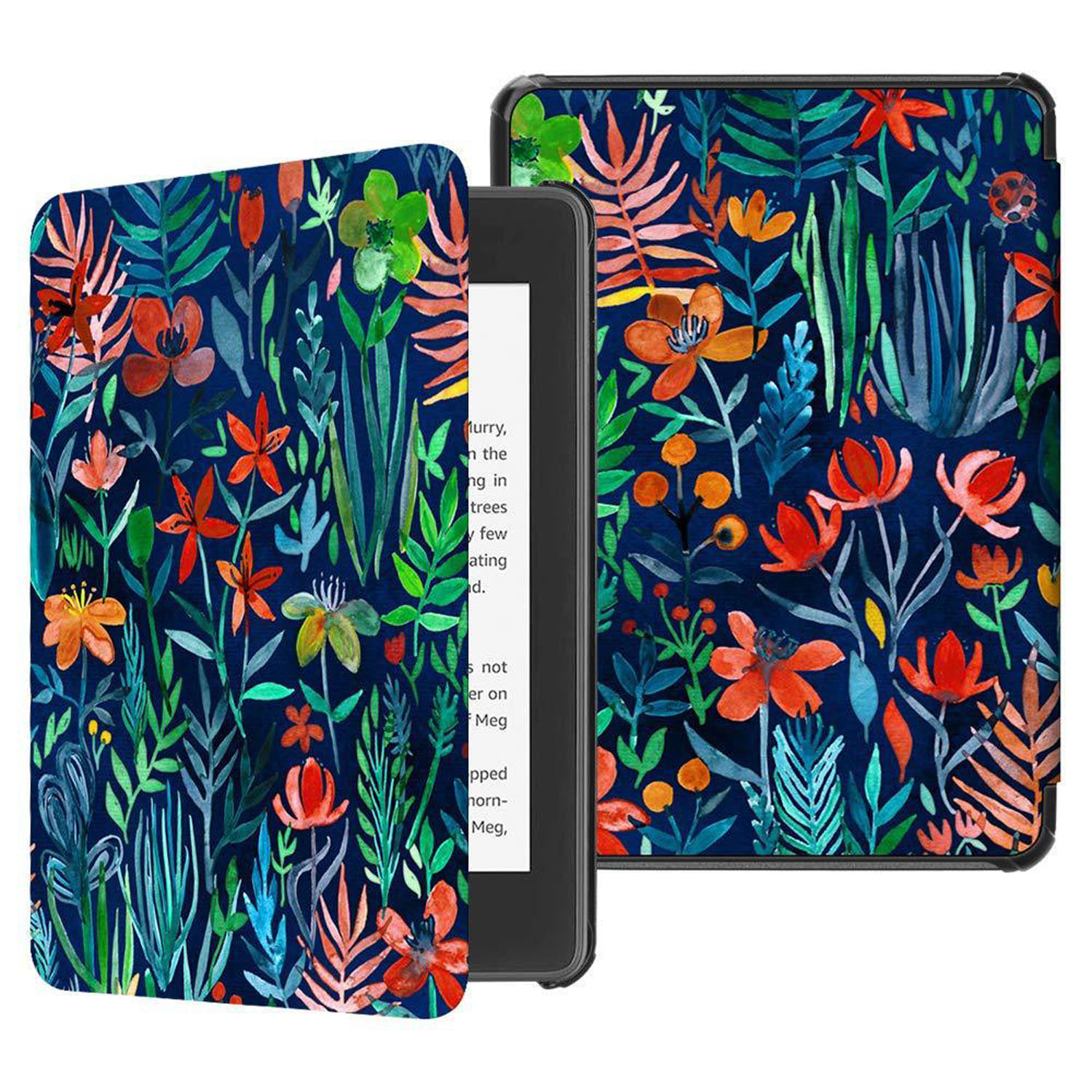 Tablet-Hülle mit floralem Design auf dem Cover, offen, das einen Tablet-Bildschirm freilegt. Der Hintergrund ist dunkel.