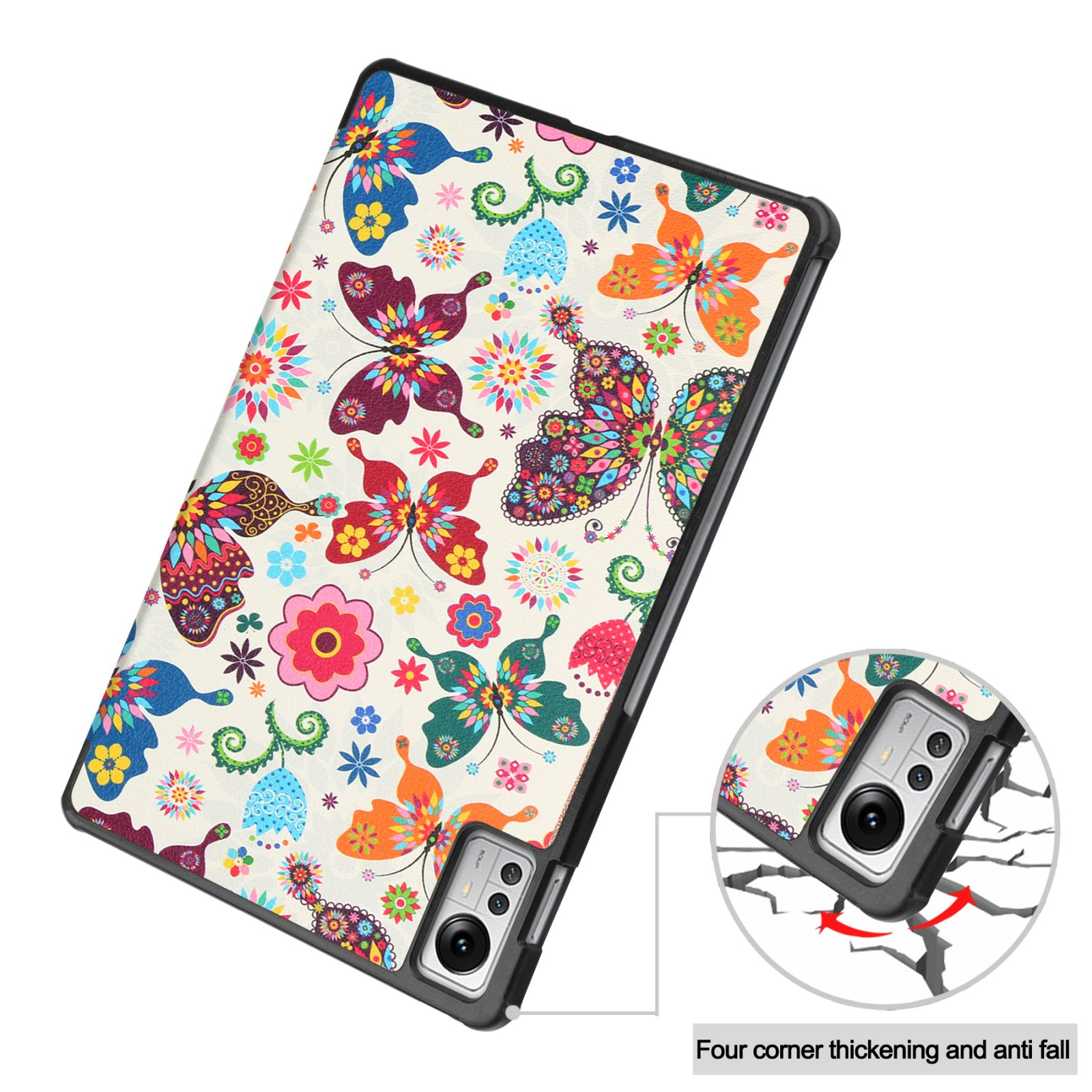 Tablethülle mit bunten Schmetterlingen und Blumen. Die Hülle ist schwarz mit dickem Rahmen.
