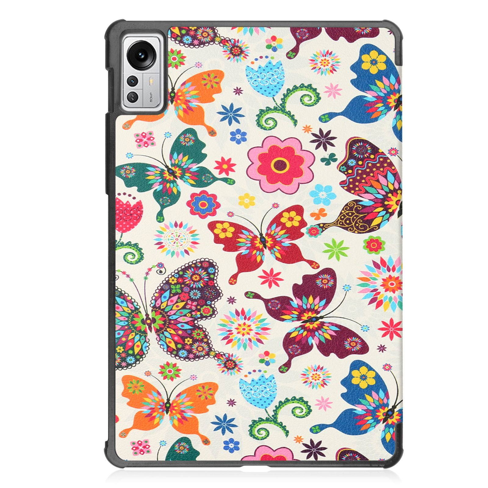 Tablethülle mit bunten Schmetterlingen und Blumen auf cremefarbenem Hintergrund.