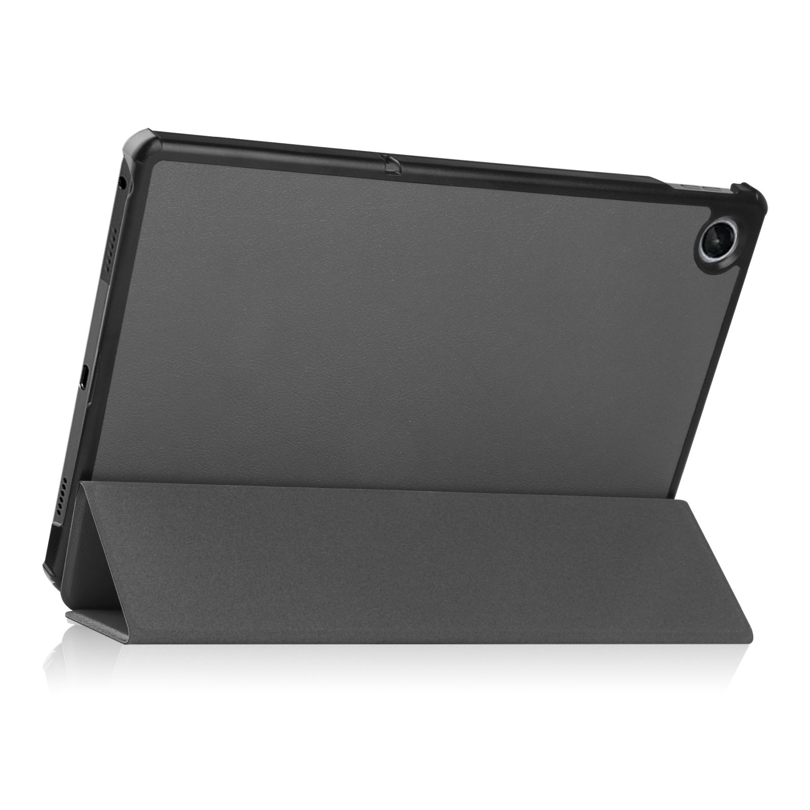 Eine Tablet-Hülle mit grauem Bezug und das Tablet auf einem Ständer. Es ist dunkelgrau.