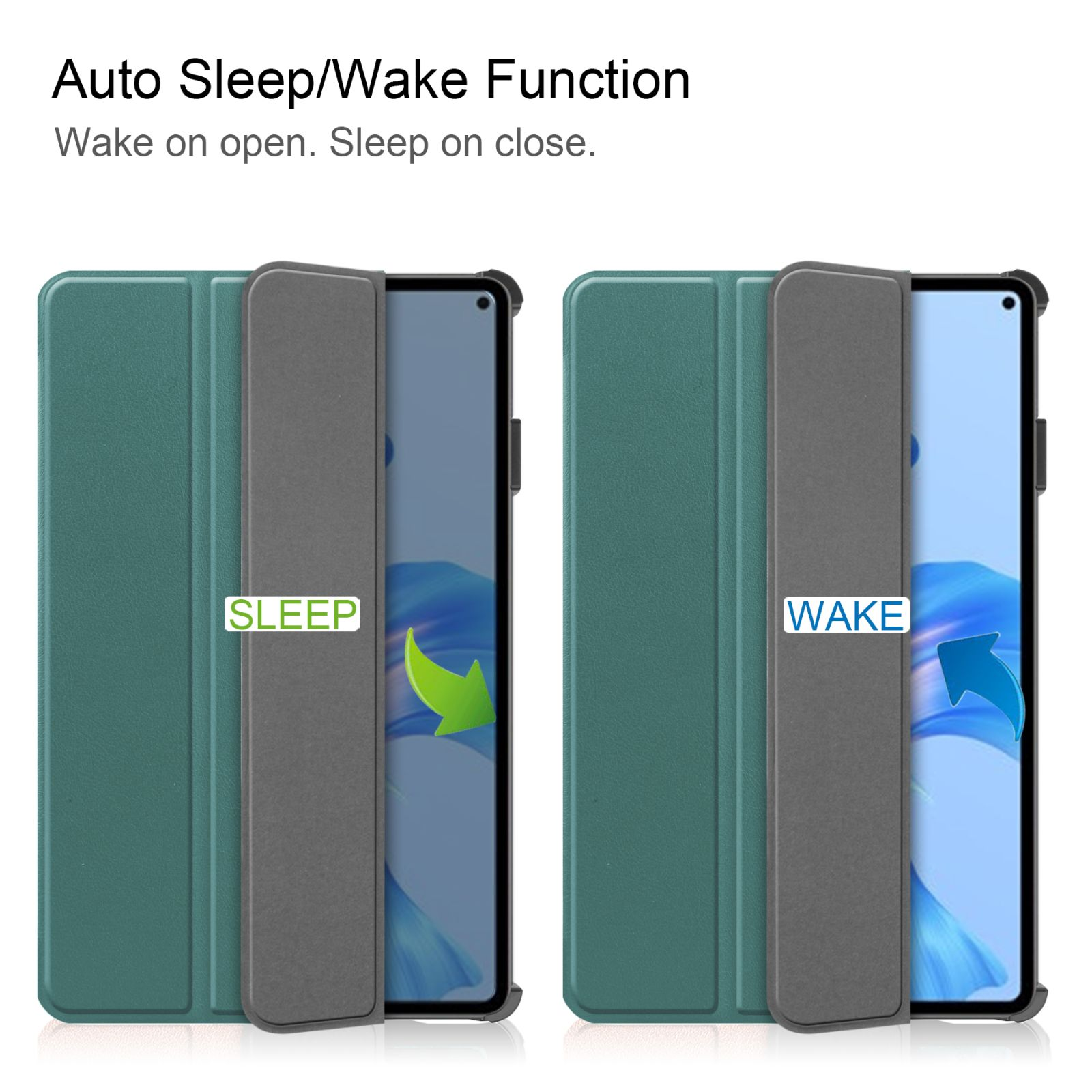 Grüne Tablet-Hülle, geöffnet und geschlossen. Text: Auto Sleep/Wake Funktion. Pfeile zeigen Schlaf und Aufwachen.