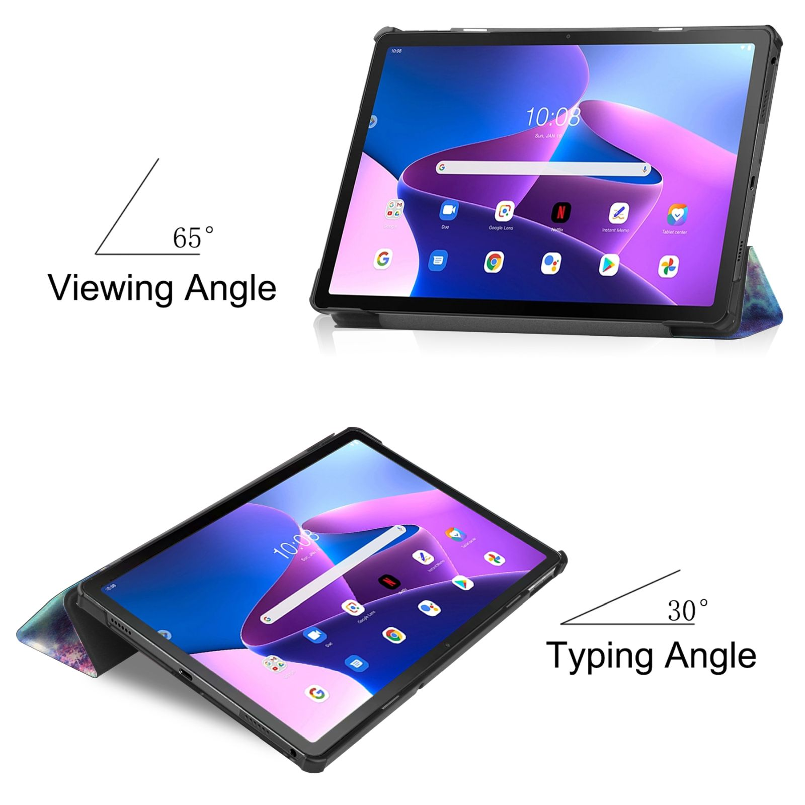 Tablet in einer Hülle, Winkel: 65° Betrachtung, 30° Tippen. Zwei Bilder.