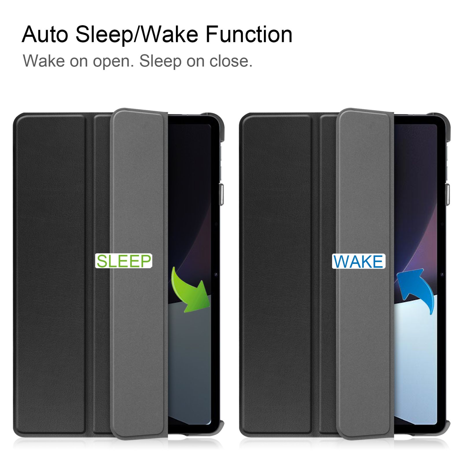 Tablet-Hülle geöffnet und geschlossen, mit Text Sleep und Wake und Pfeilrichtung.