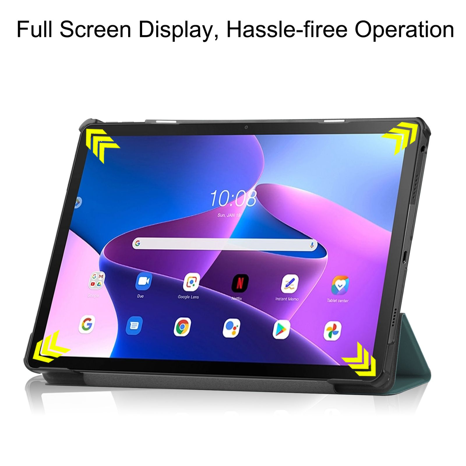 Tablet mit blauem Bildschirm, der Apps zeigt. In einem grünen Gehäuse. Zeigt die Uhrzeit.