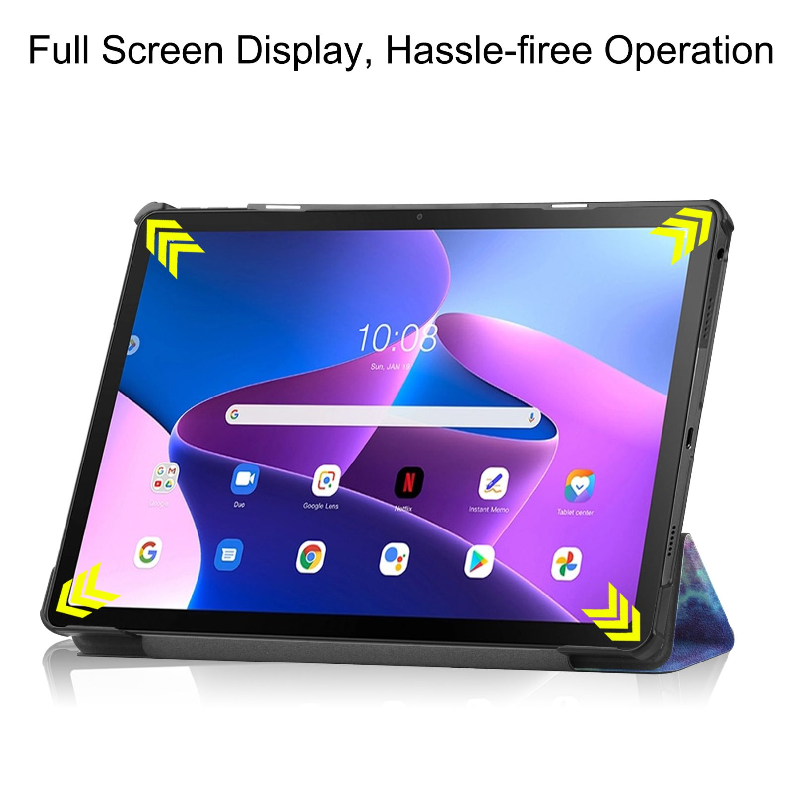 Tablet auf einem Ständer. Es zeigt eine Uhr und Apps. Text sagt: 'Vollbildanzeige, problemlose Bedienung'.