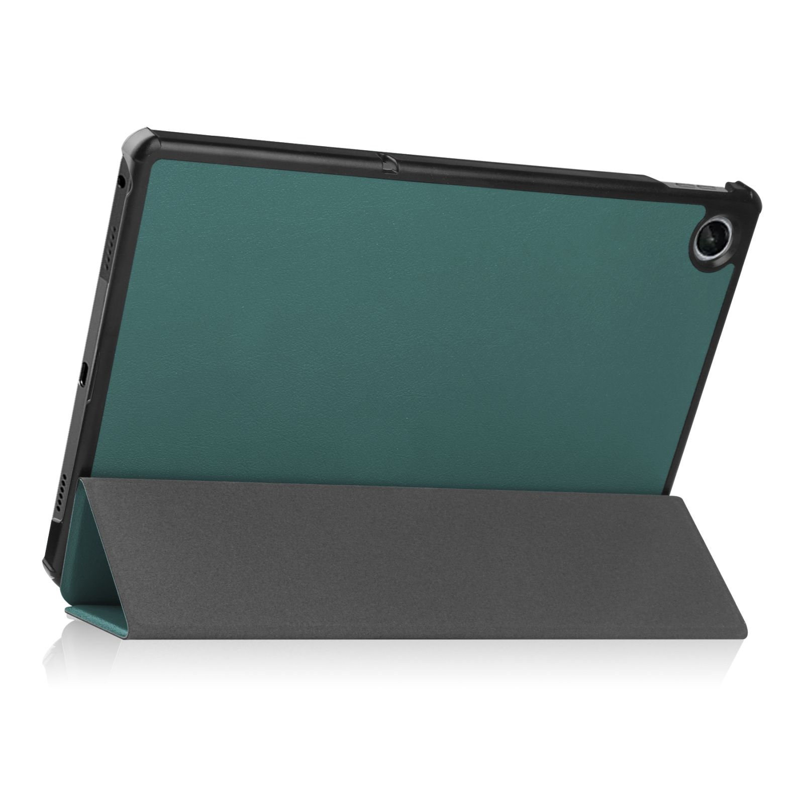 Grüne Tablethülle, geöffnet und hochgestellt. Das Tablet hat eine Kamera.