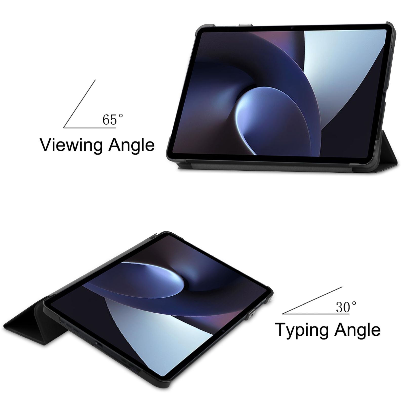 Tablet in schwarzer Hülle, mit 65- und 30-Grad-Winkeln. Der Bildschirm zeigt ein Wirbeldesign.