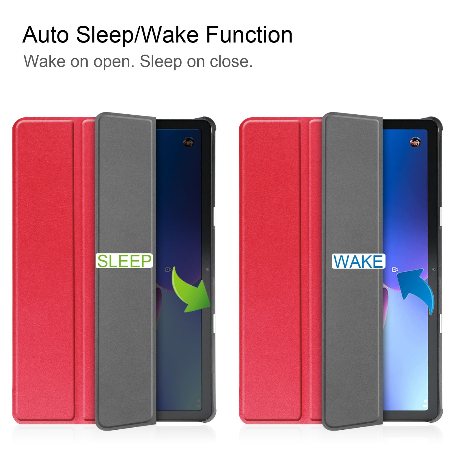 Rote Tablet-Hülle mit Auto-Sleep/Wake-Funktion, zeigt Öffnen/Schließen.
