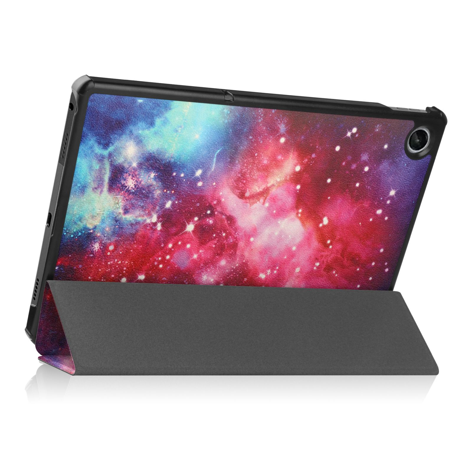 Ein Tablet mit einer Hülle im Galaxiemuster, hochgestellt, das das Galaxiedesign auf weißem Hintergrund zeigt.