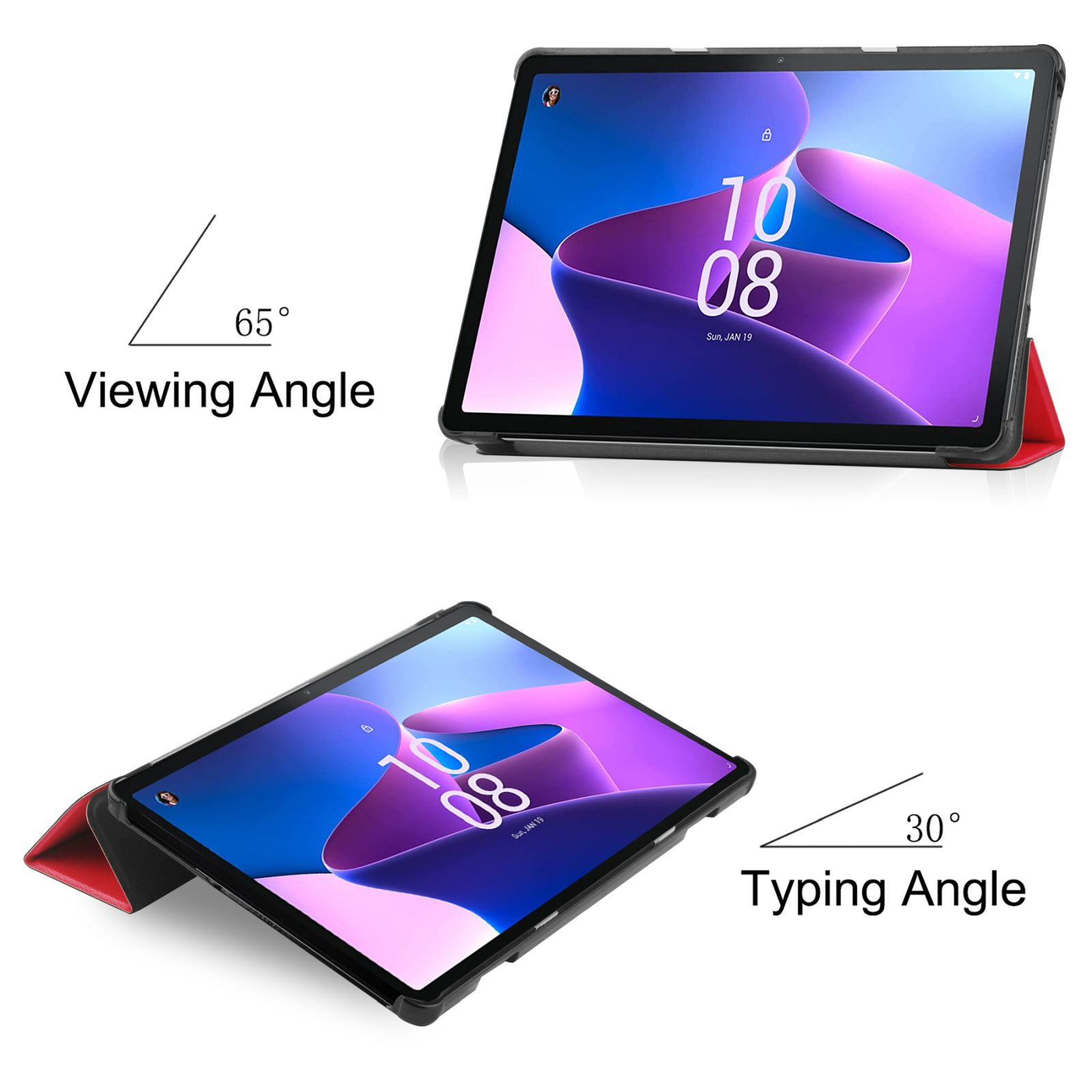 Zwei Tablets werden in verschiedenen Winkeln gezeigt, die einen Bildschirm mit der Uhrzeit und Betrachtungswinkeln anzeigen.