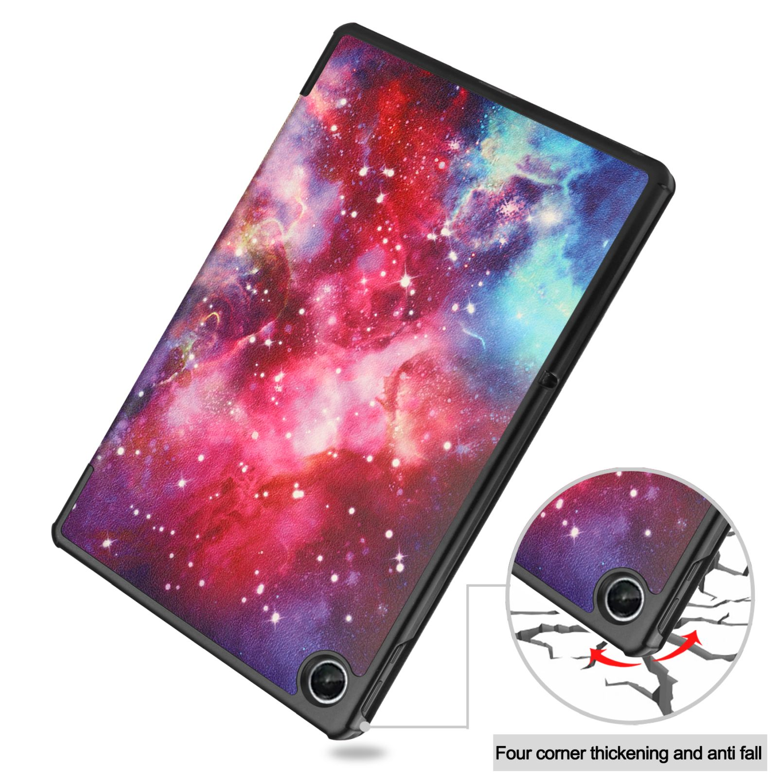 Schwarze Tablet-Hülle mit Galaxie-Design. Ecke zeigt Anti-Fall-Funktion. Hülle bedeckt Rückseite und Rahmen des Tablets.