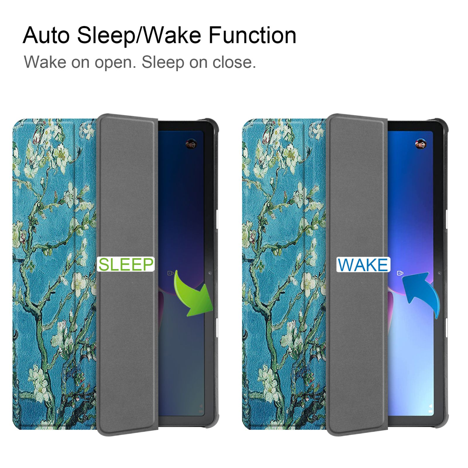 Zwei Tablethüllen, eine offen, zeigt eine blaue Blumenszene. Die andere geschlossen, mit ähnlichem Design.