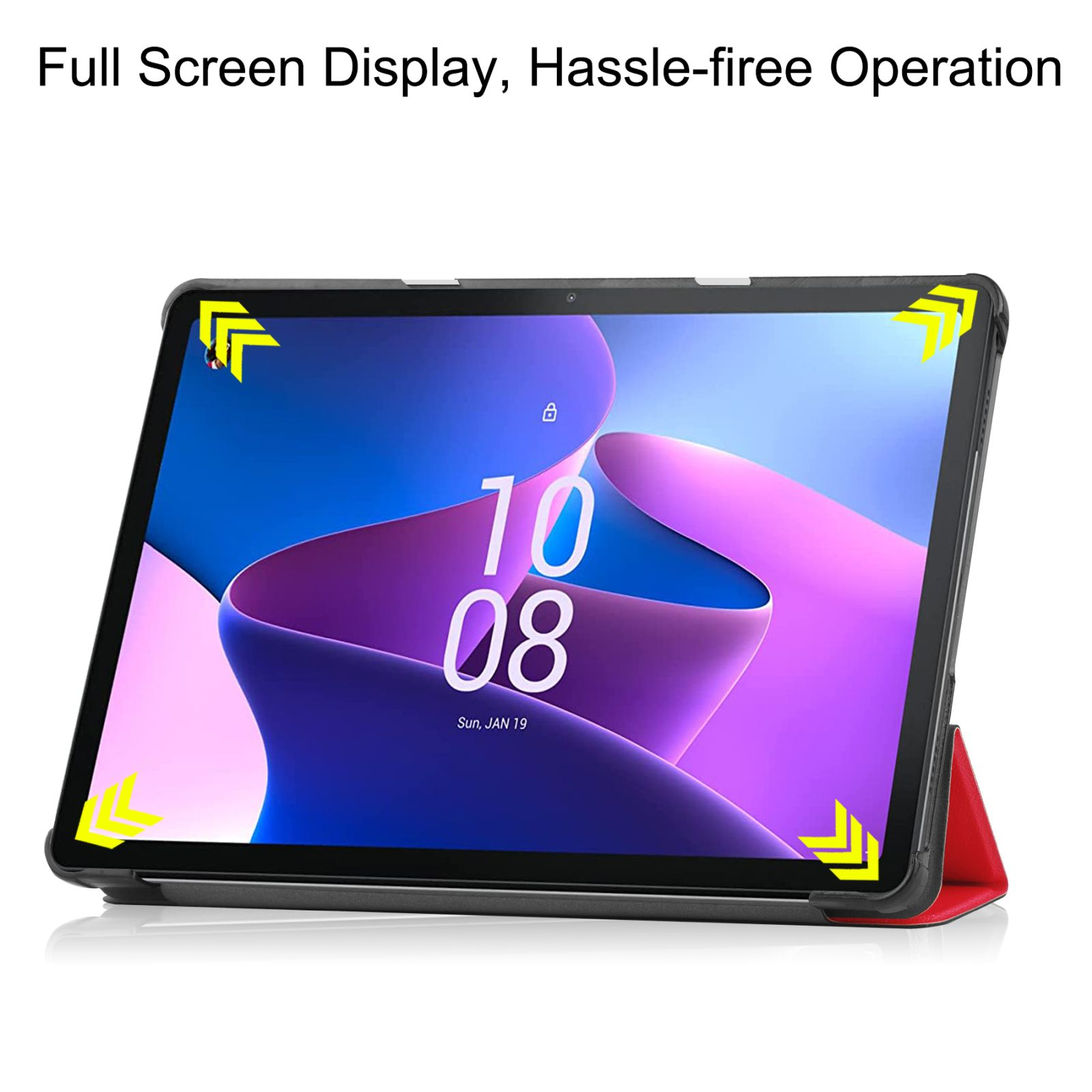 Tablet mit lila Anzeige. Schwarzes Gehäuse mit roter Rückseite.