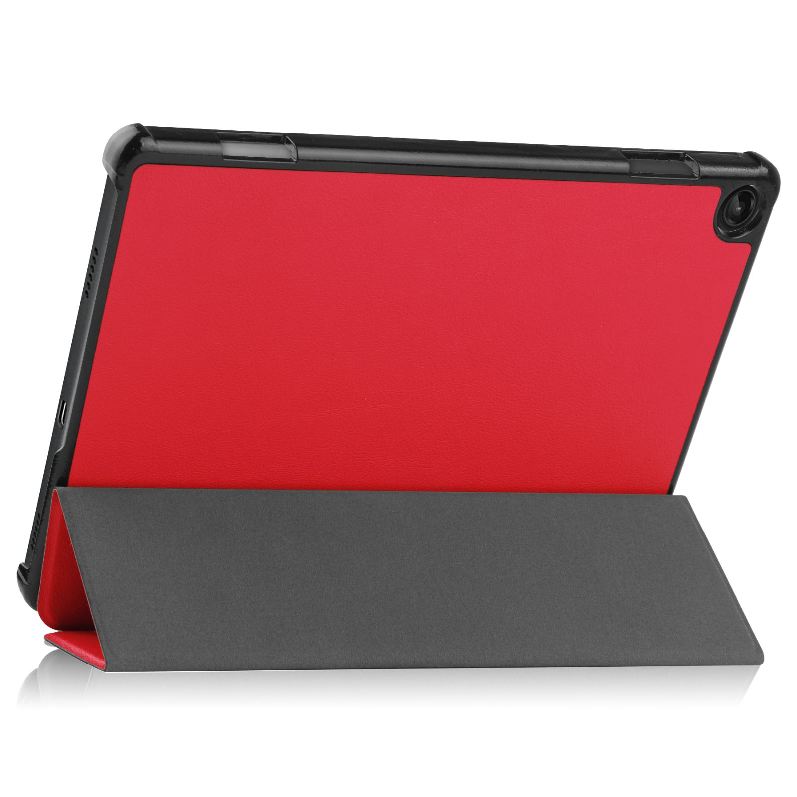 Rote Tablet-Hülle mit grauem Ständer. Das Tablet ist in der Hülle, die zu einem Ständer gefaltet ist.