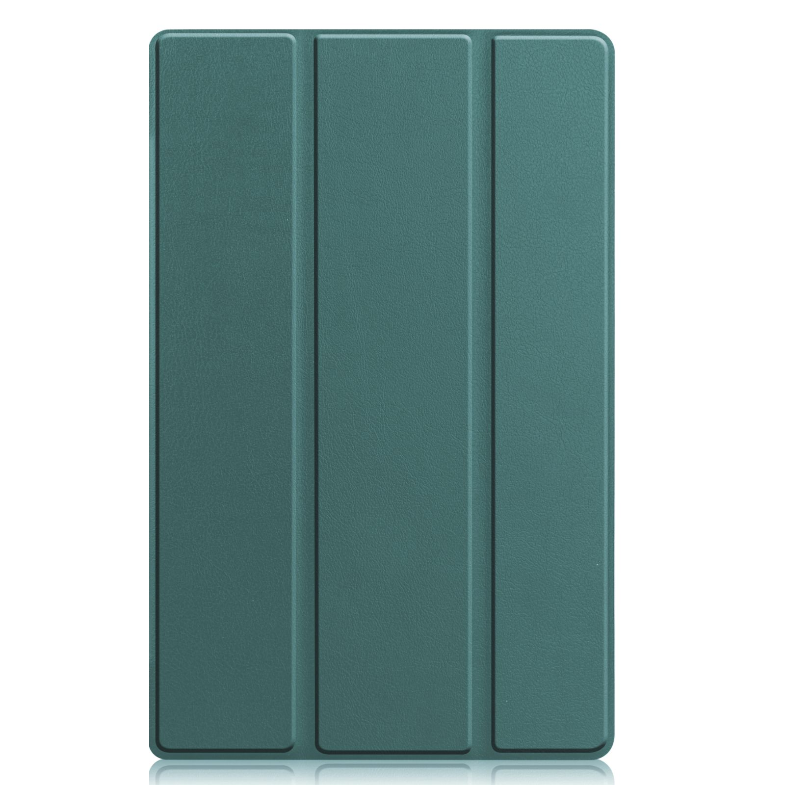 Geschlossene grüne Tablethülle mit drei vertikalen Paneelen. Grüne Farbe. Einfaches Design.