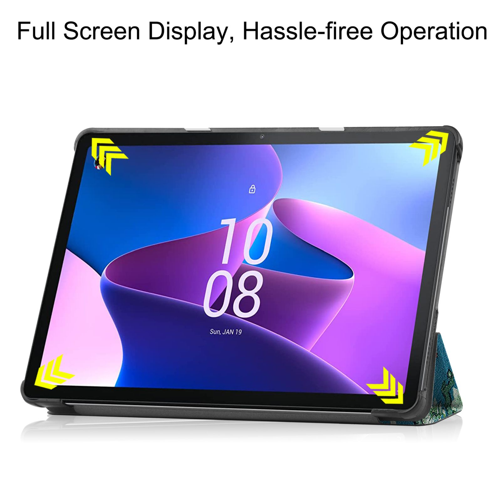 Tablet mit Hülle, offen. Display an. Schwarze Hülle mit gemustertem Rücken, gelbe Pfeile.