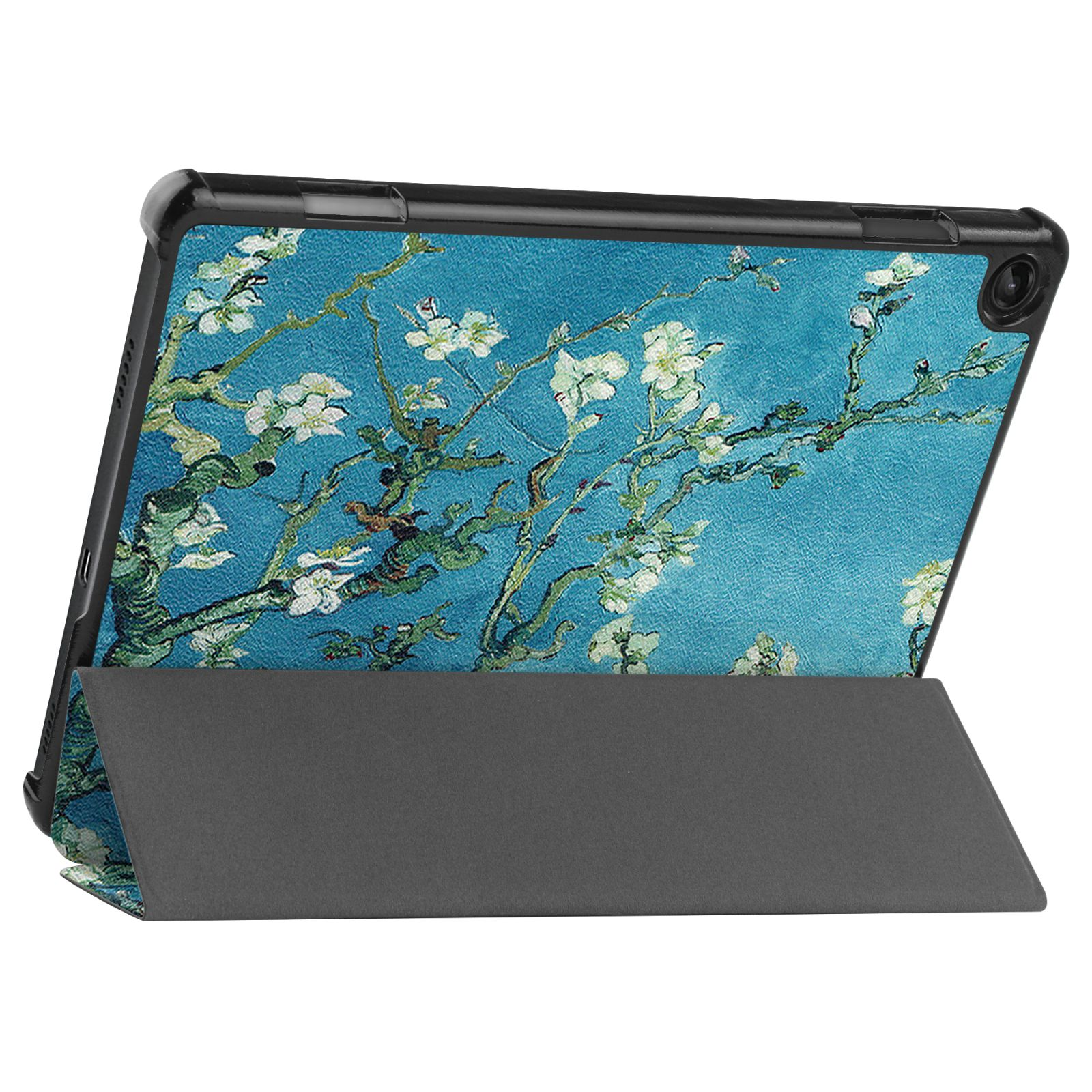 Geöffnete Tablet-Hülle, blauer Hintergrund mit weißen Blumen. Dunkelgrauer Ständer. Schwarzer Rahmen.