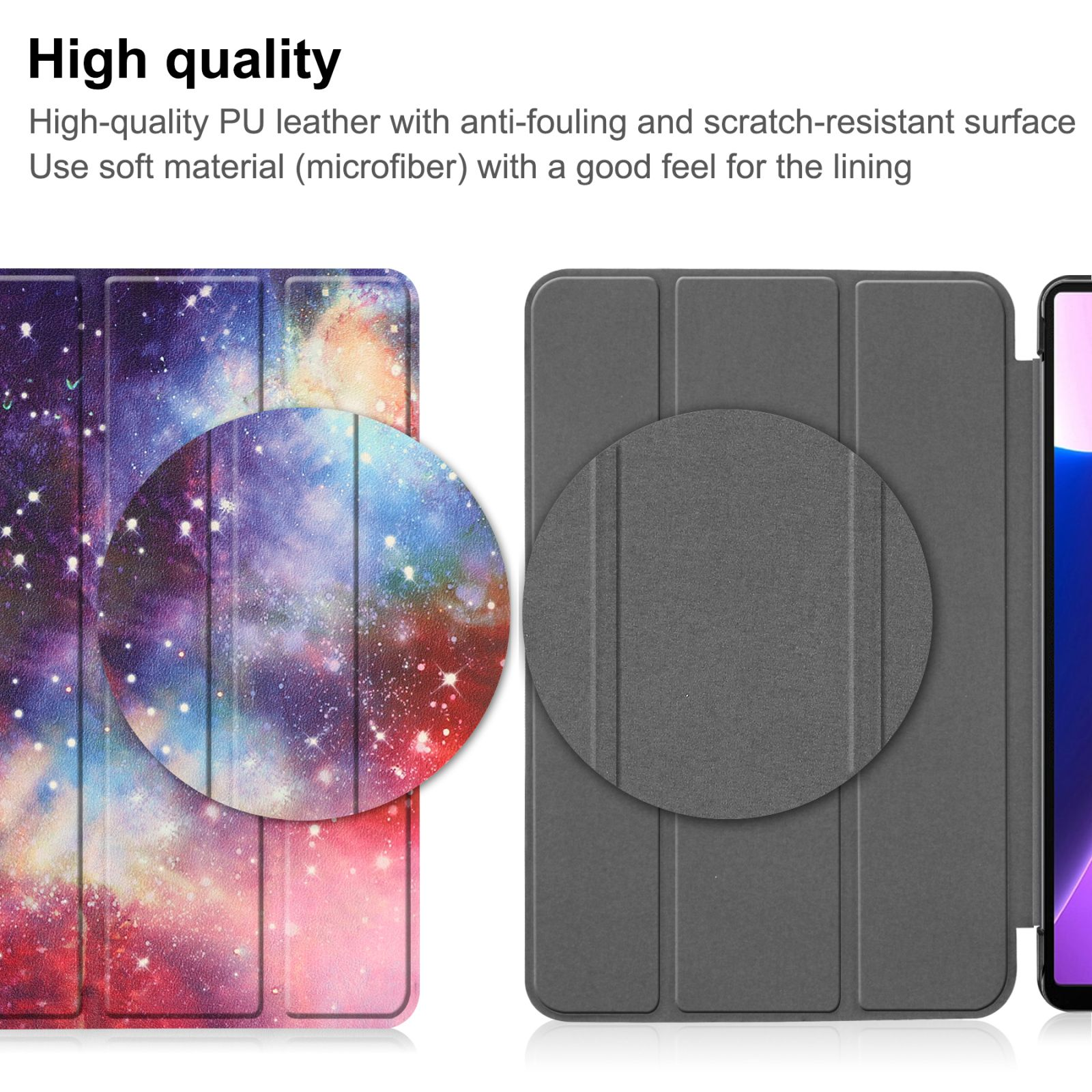 Tablet-Hülle mit Galaxiemotiv, mit Detailaufnahme des Hüllenmaterials.