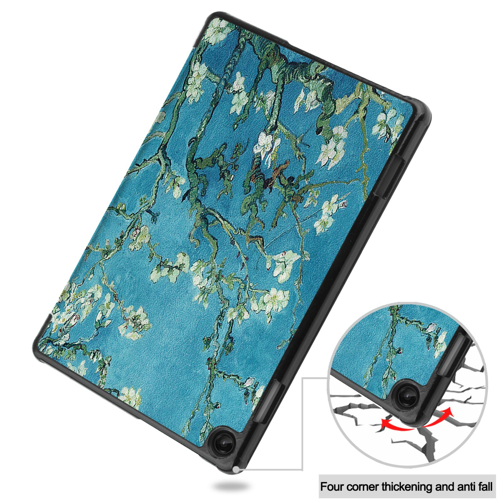 Tablet-Hülle mit Blumenkunst auf dem Cover. Die Hülle ist blau und schwarz. Weiße Blumen.
