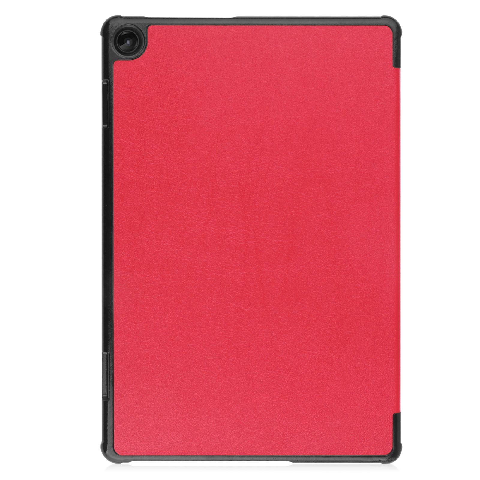 Rote Tablet-Hülle mit schwarzem Rahmen. Sie bedeckt Rückseite und Seiten.