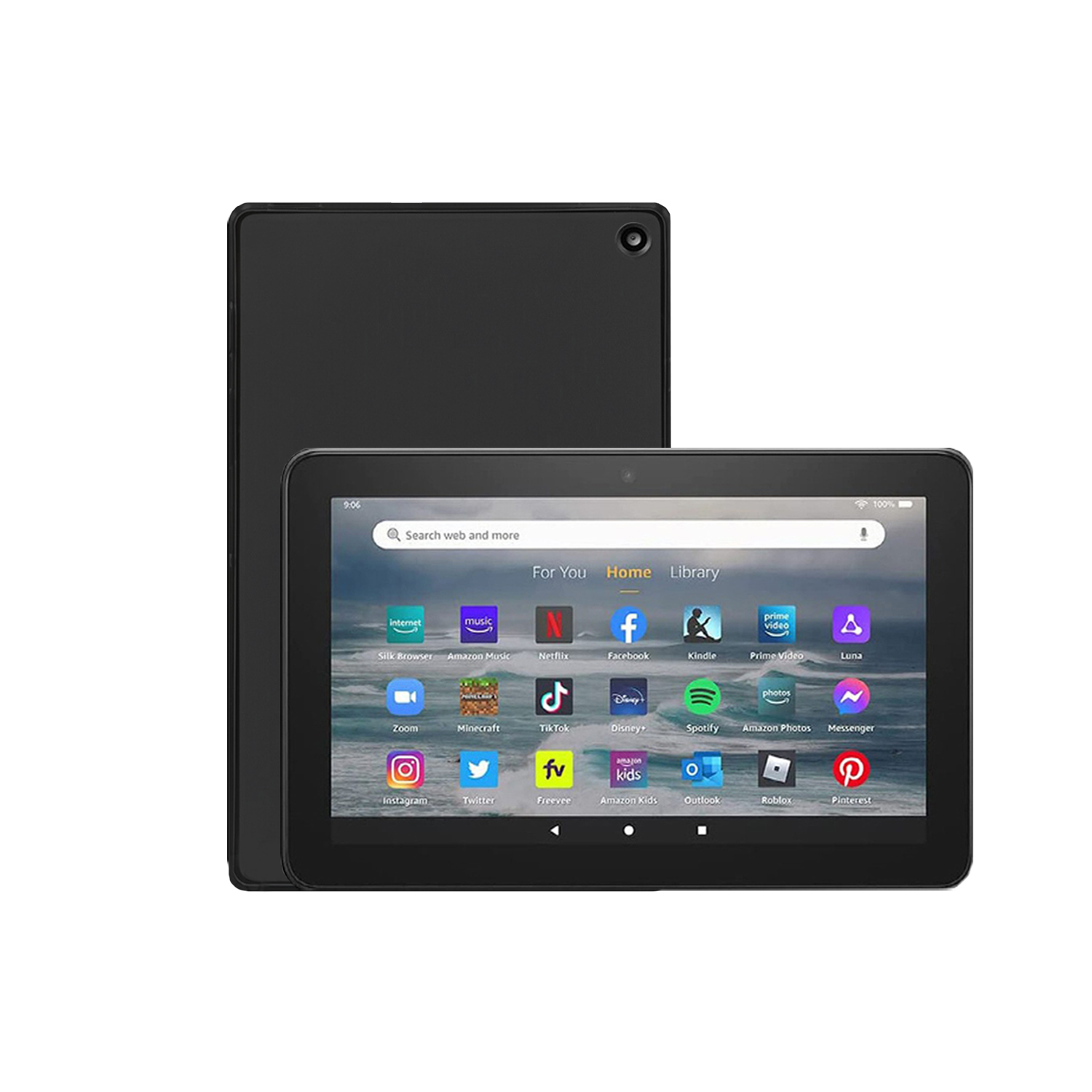 Schwarzes Tablet, das einen App-Bildschirm zeigt, mit der Rückseite des Tablets dahinter.