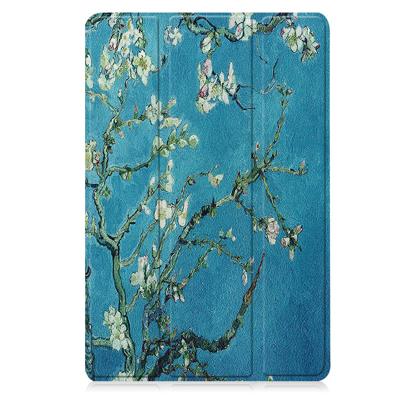 Blaue Tablethülle mit einem Gemälde eines Baumes mit weißen Blüten vor blauem Hintergrund.