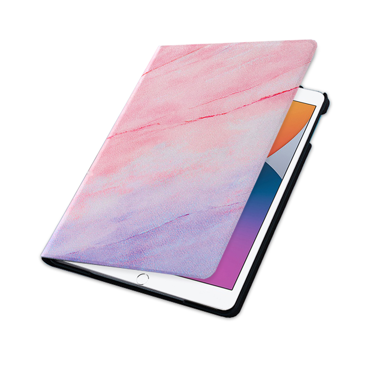 Ein Tablet in einer Hülle, geöffnet, um den Bildschirm freizugeben. Die Hülle hat ein rosa-lila Marmordesign.