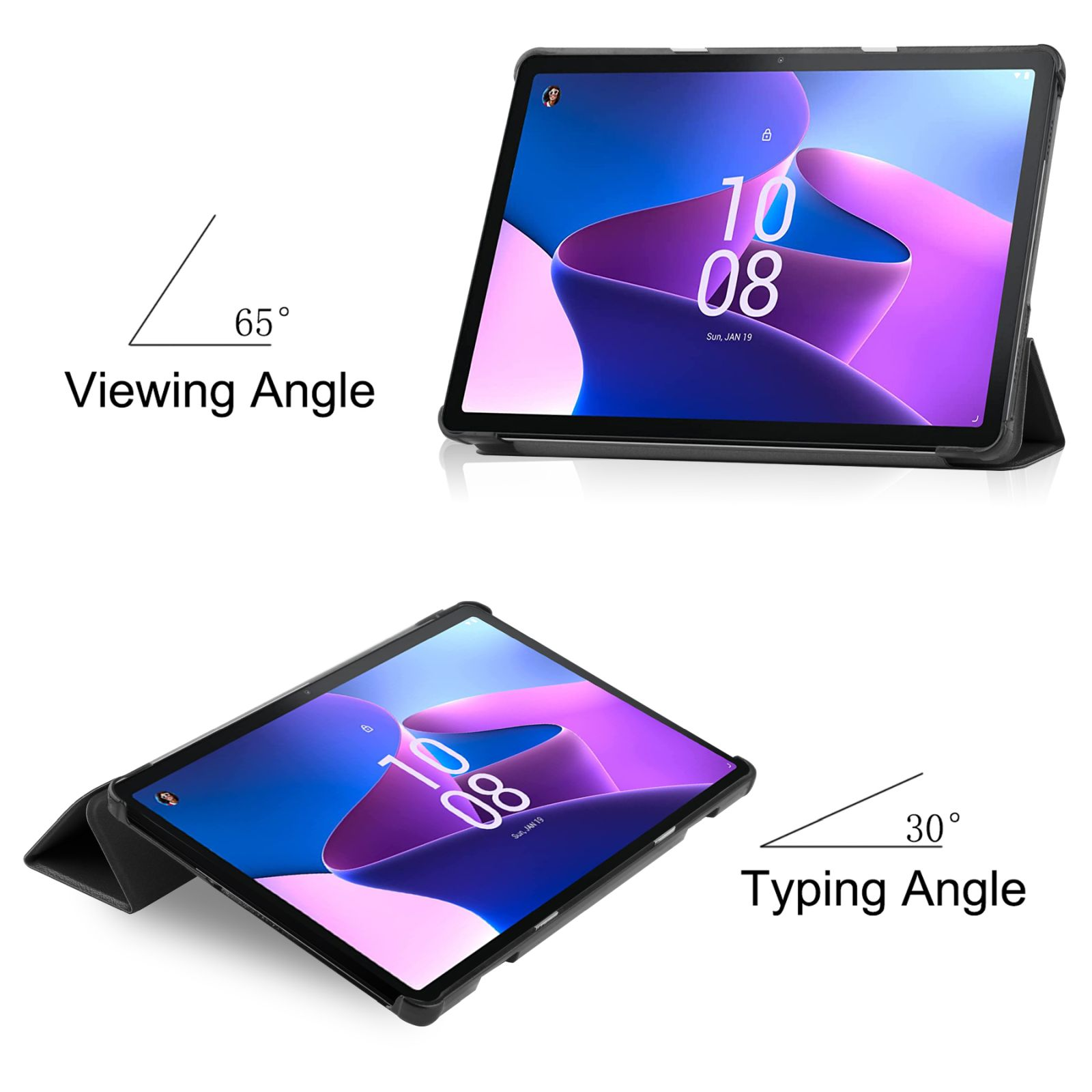 Tablets in Hüllen. Eines ist offen und zeigt den Bildschirm. Ein anderes zeigt den Tippwinkel. Winkel sind angegeben.