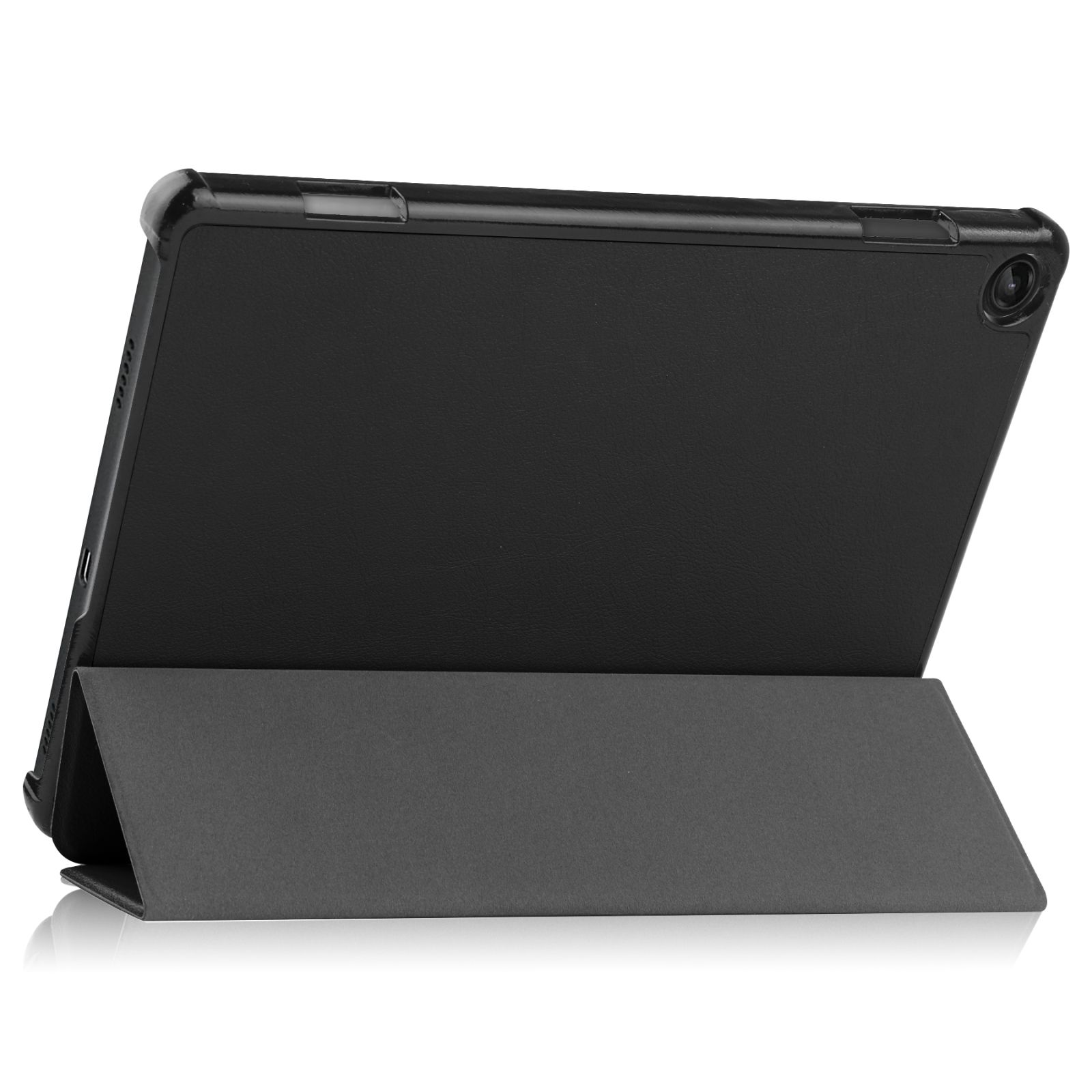 Schwarze Tablet-Hülle mit Ständer. Die Hülle ist dreieckig gefaltet, um das Tablet zu stützen.